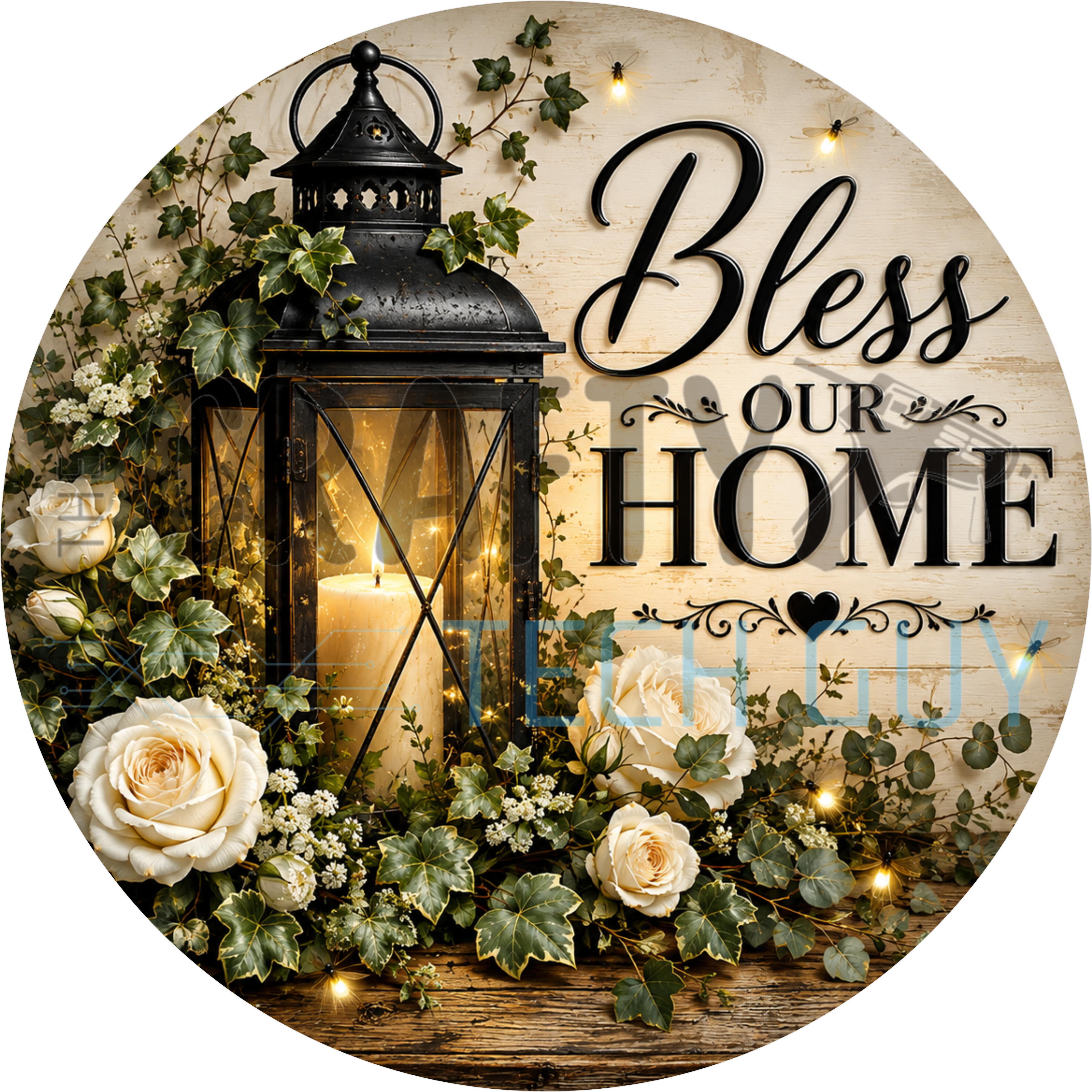 Bless Our Home round wreath sign in coated aluminum, showing a black lantern with white roses and eucalyptus greenery
