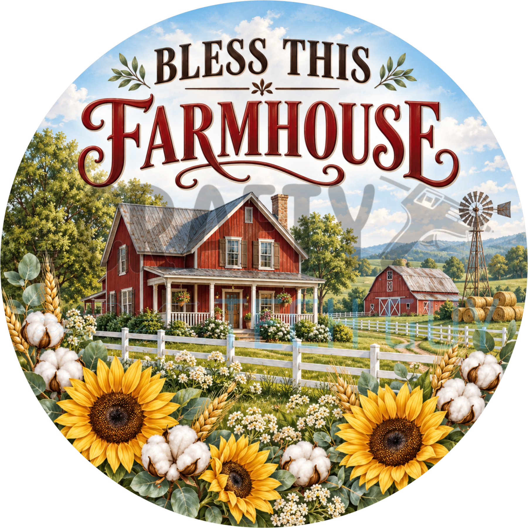 Bless This Farmhouse round wreath sign with a red farmhouse, gambrel barn, windmill, hay bales, sunflowers and cotton bolls