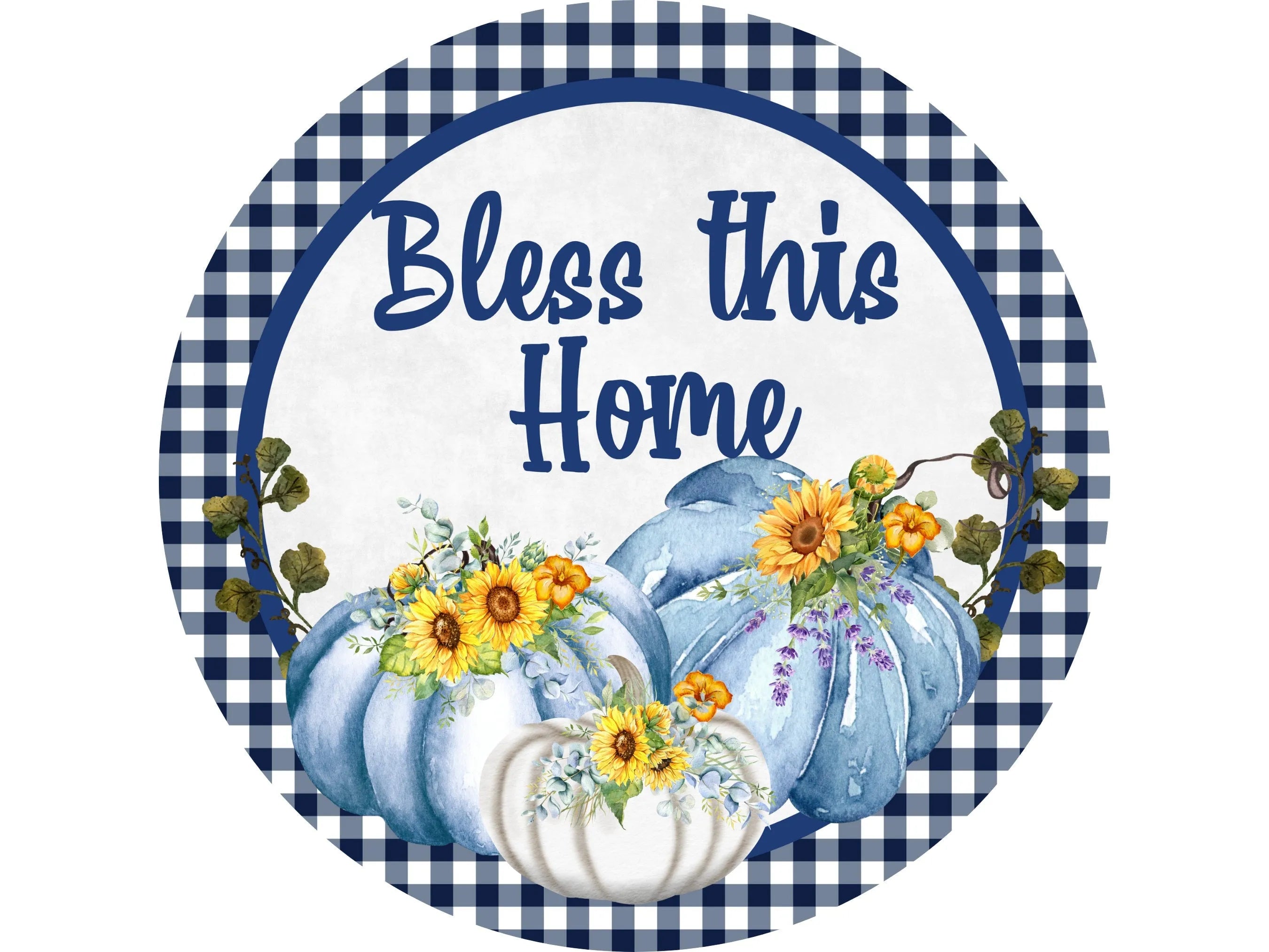 Bless This Home Fall Pumpkin Sign, Blue and White Buffalo Check Decor, Autumn Wreath Accent, Rustic Farmhouse Entryway, Fall Door Hanger