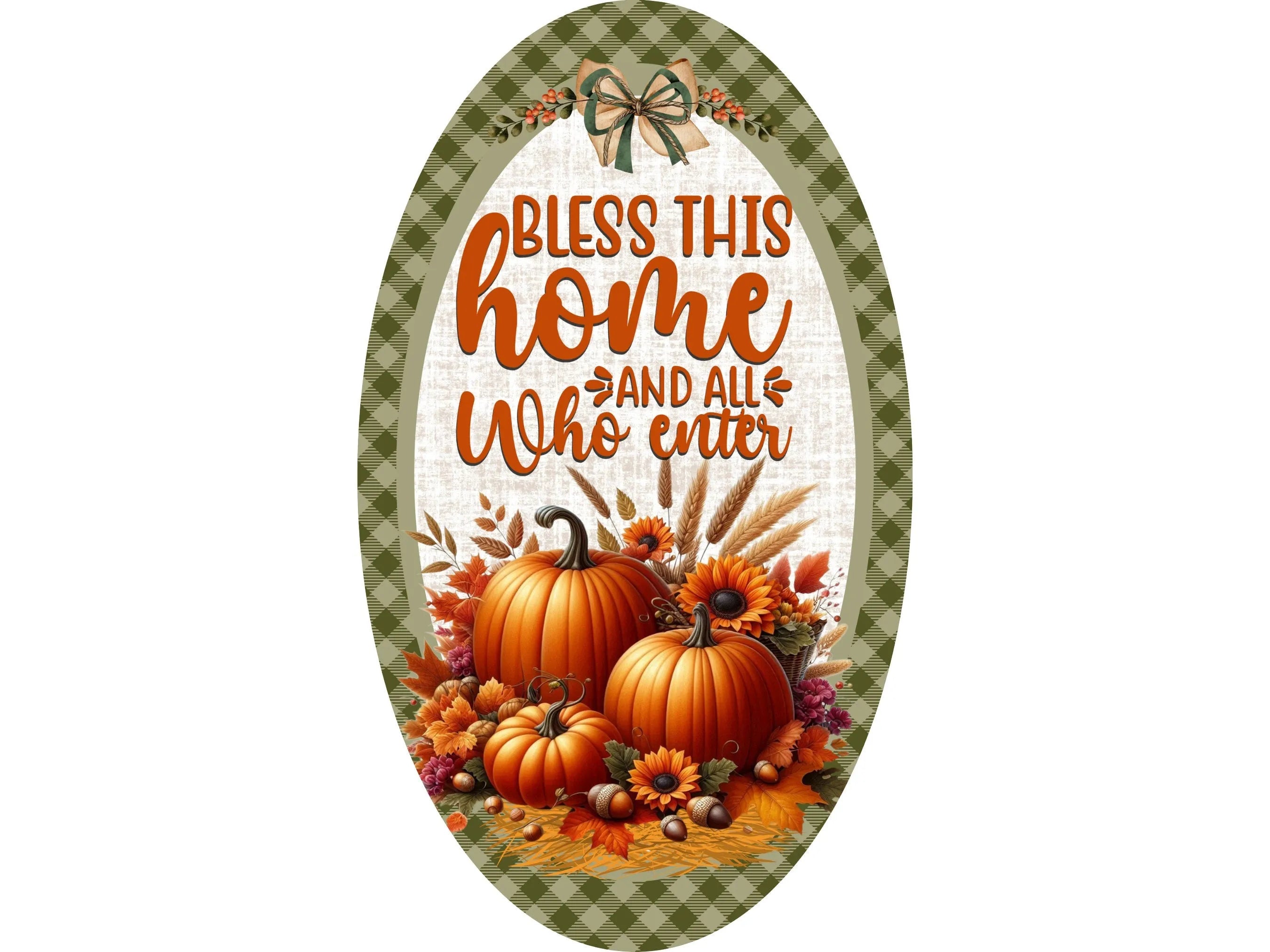 Bless This Home Fall Sign, Oval Metal Autumn Decor, Pumpkin and Sunflower Sign, Thanksgiving Wall Art