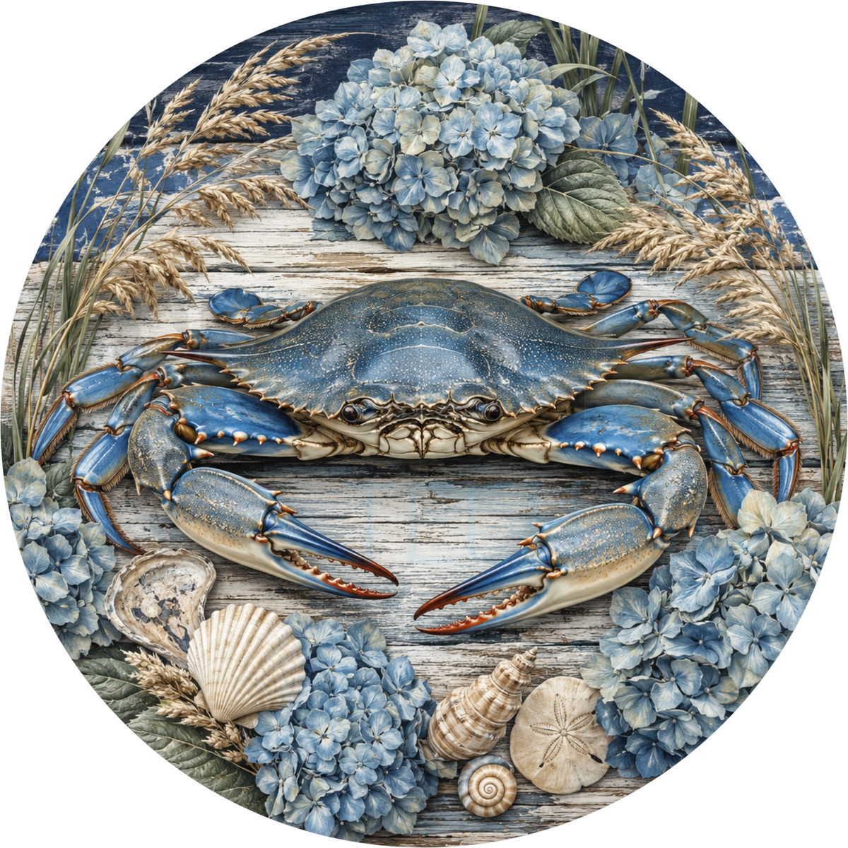 Blue crab round wreath sign on whitewashed wood with blue hydrangea, sea oats, oyster and scallop shells and a sand dollar