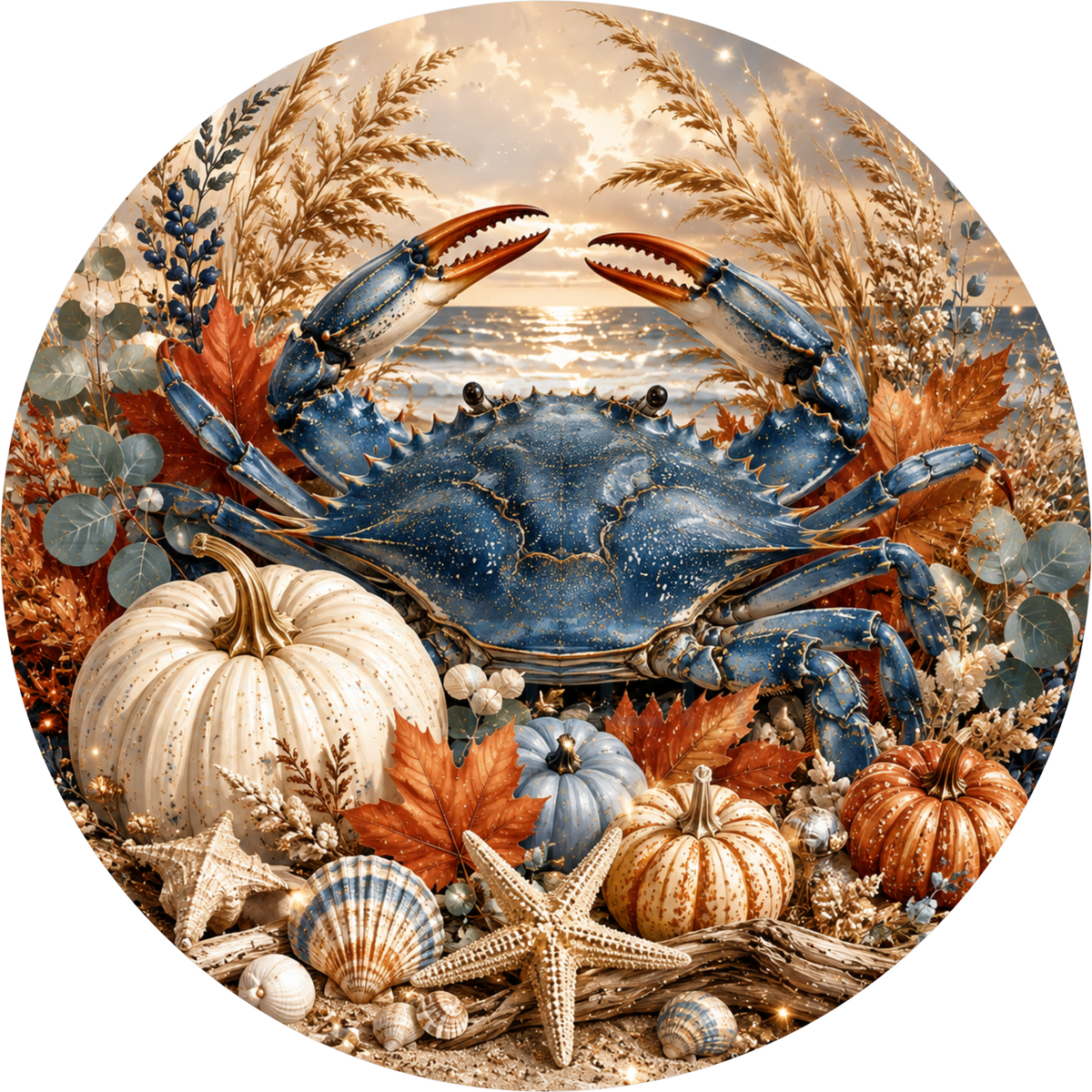 Blue crab round wreath sign with claws raised over cream and copper pumpkins, orange maple leaves, starfish and seashells on the shore