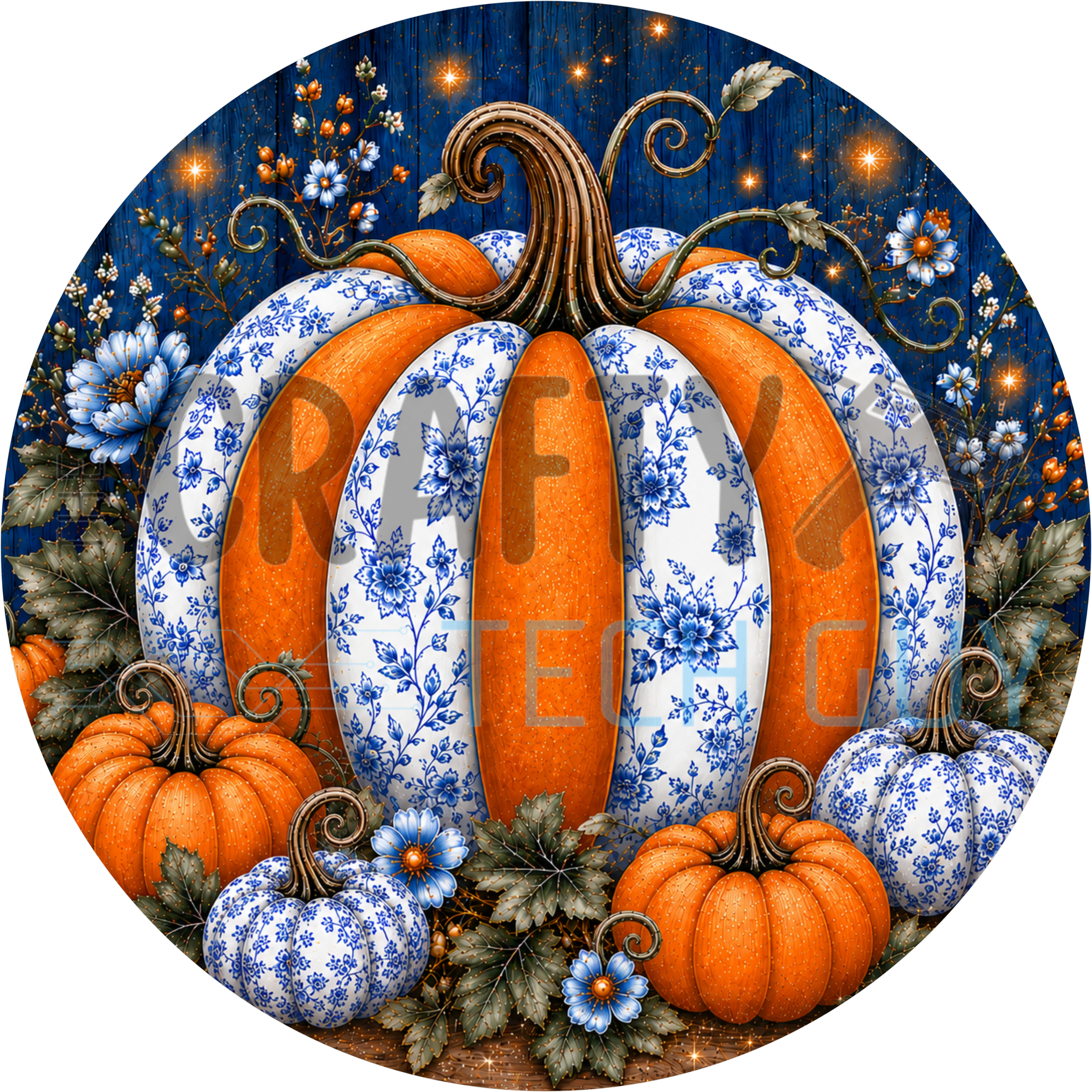 Round fall sign with orange and blue white chinoiserie striped pumpkin, blue flowers and orange pumpkins on navy wood