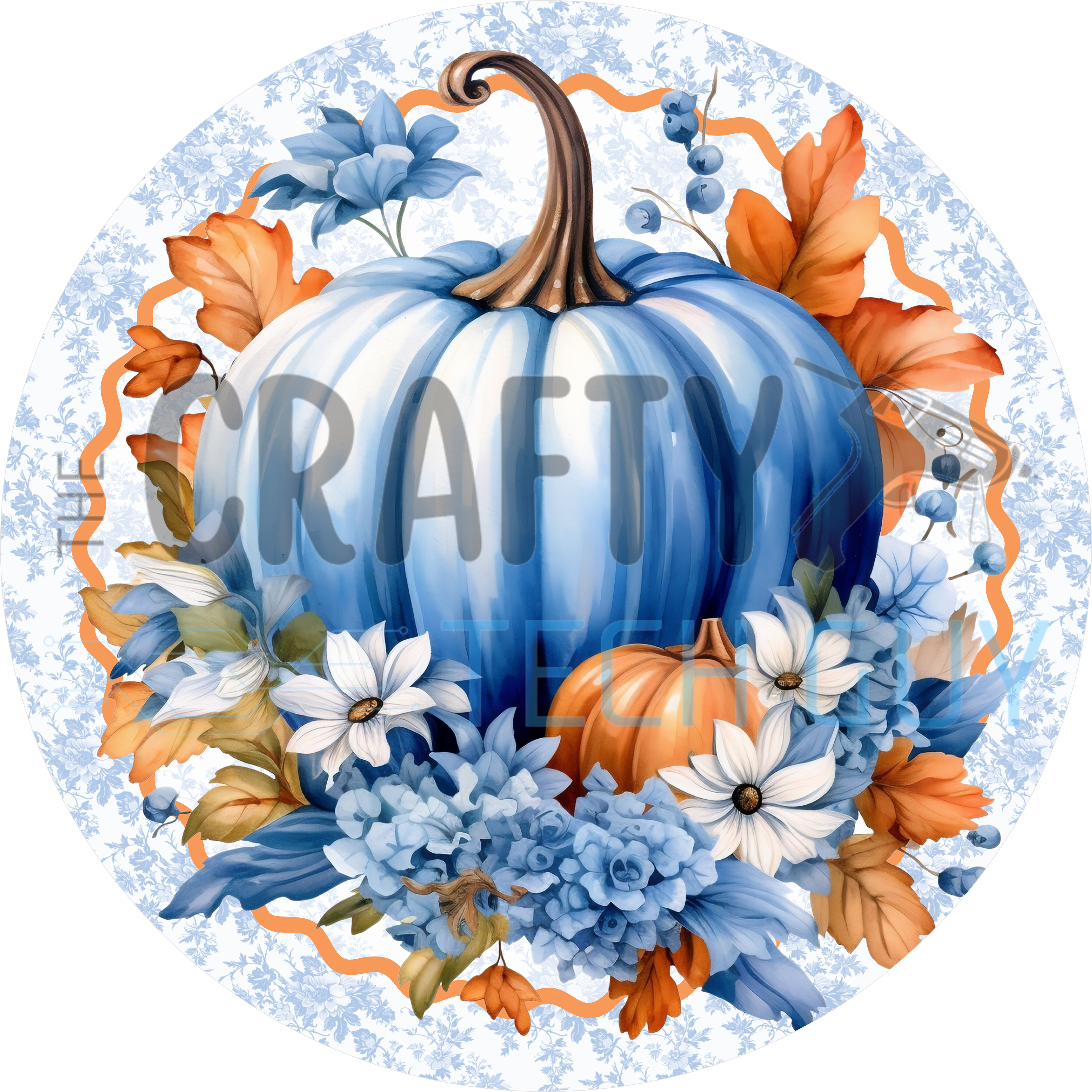 Round fall sign with dusty blue pumpkin, white daisies, blue hydrangeas and orange leaves on blue and white toile