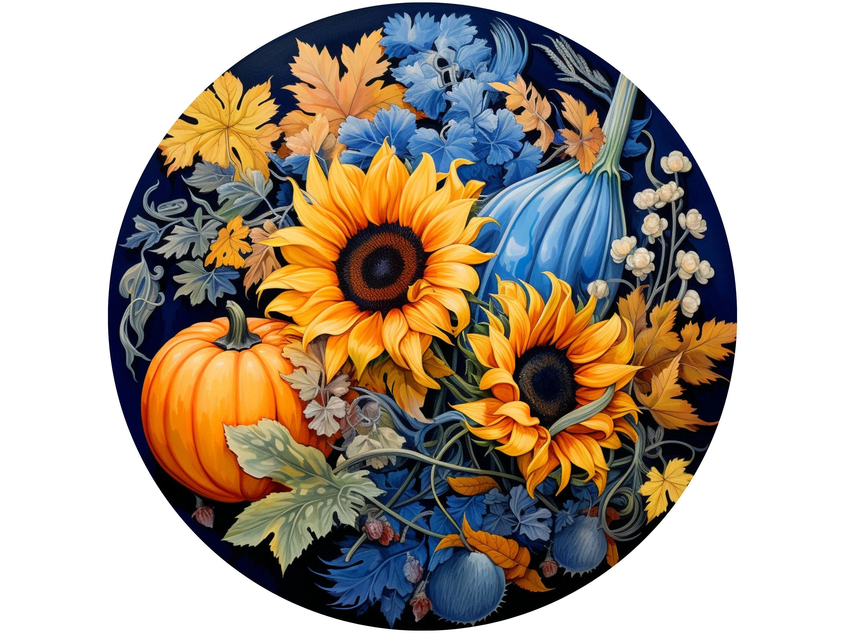 Blue and Orange Floral Pumpkin Sign, Metal Fall Decor, Sunflower Harvest Wreath, Autumn Wall Art