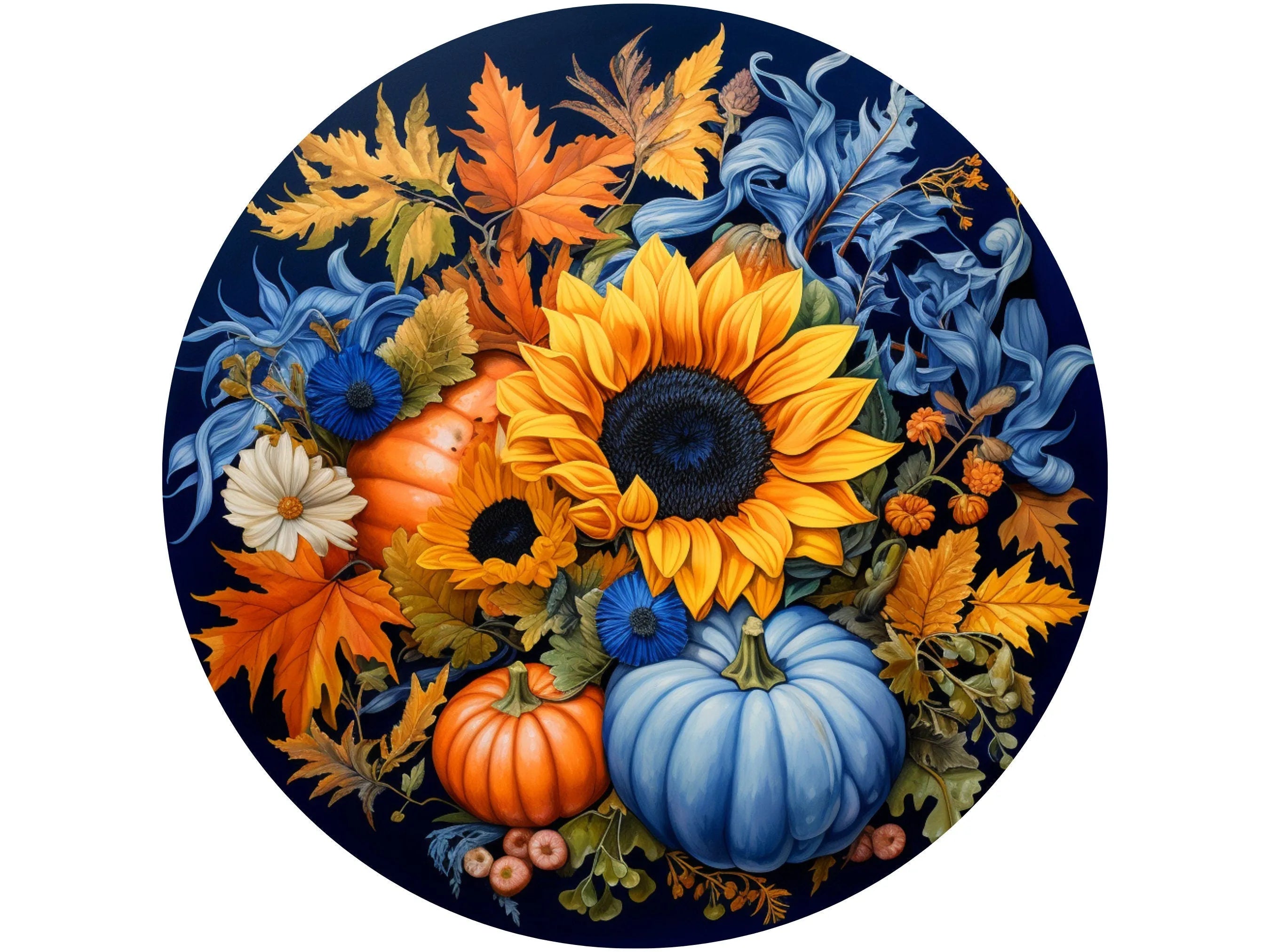 Blue and Orange Floral Pumpkin Sign, Metal Fall Decor, Sunflower Harvest Wreath, Autumn Wall Art