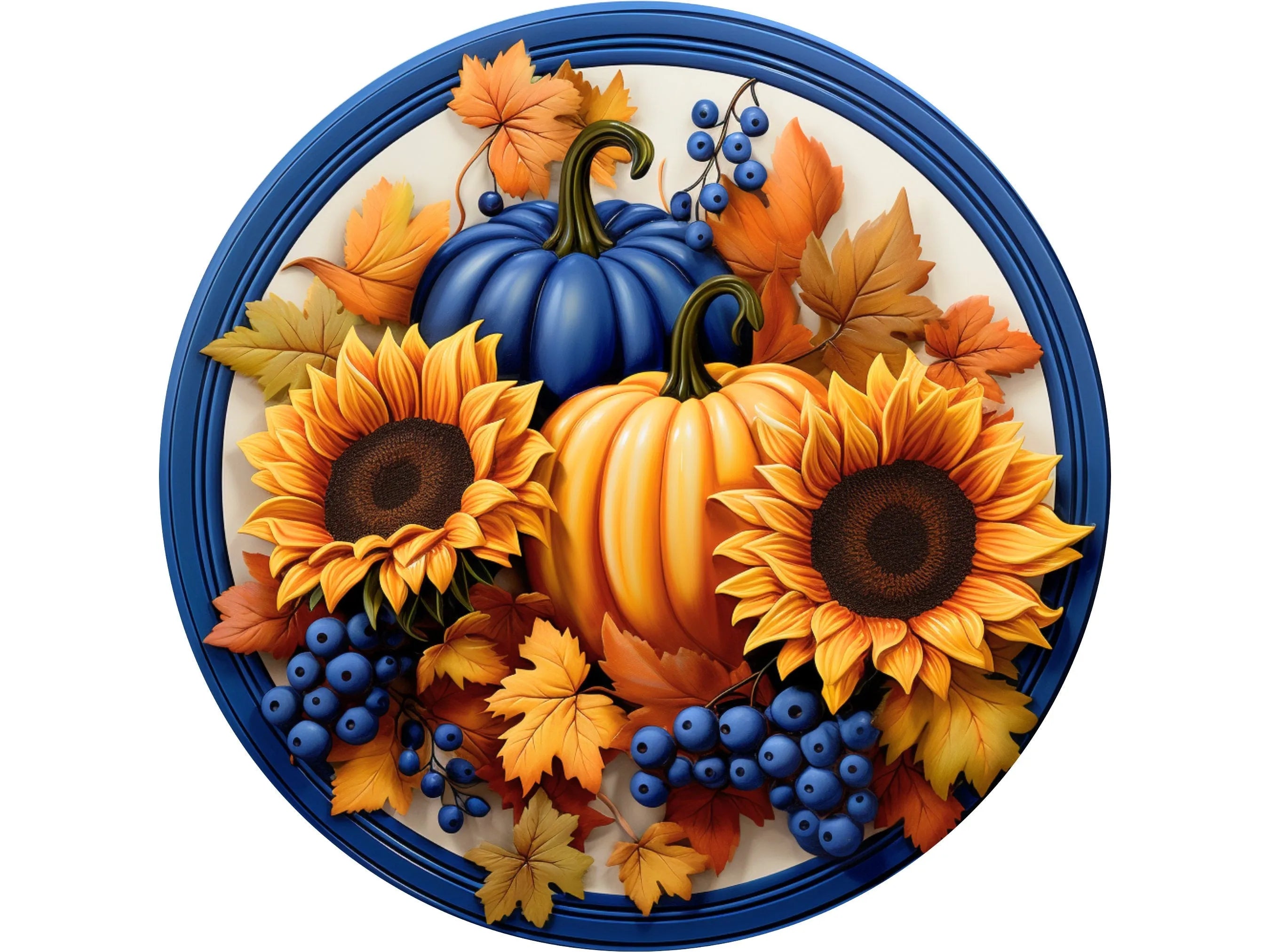 Blue and Orange Floral Pumpkin Sign, Metal Fall Decor, Sunflower Harvest Wreath, Autumn Wall Art