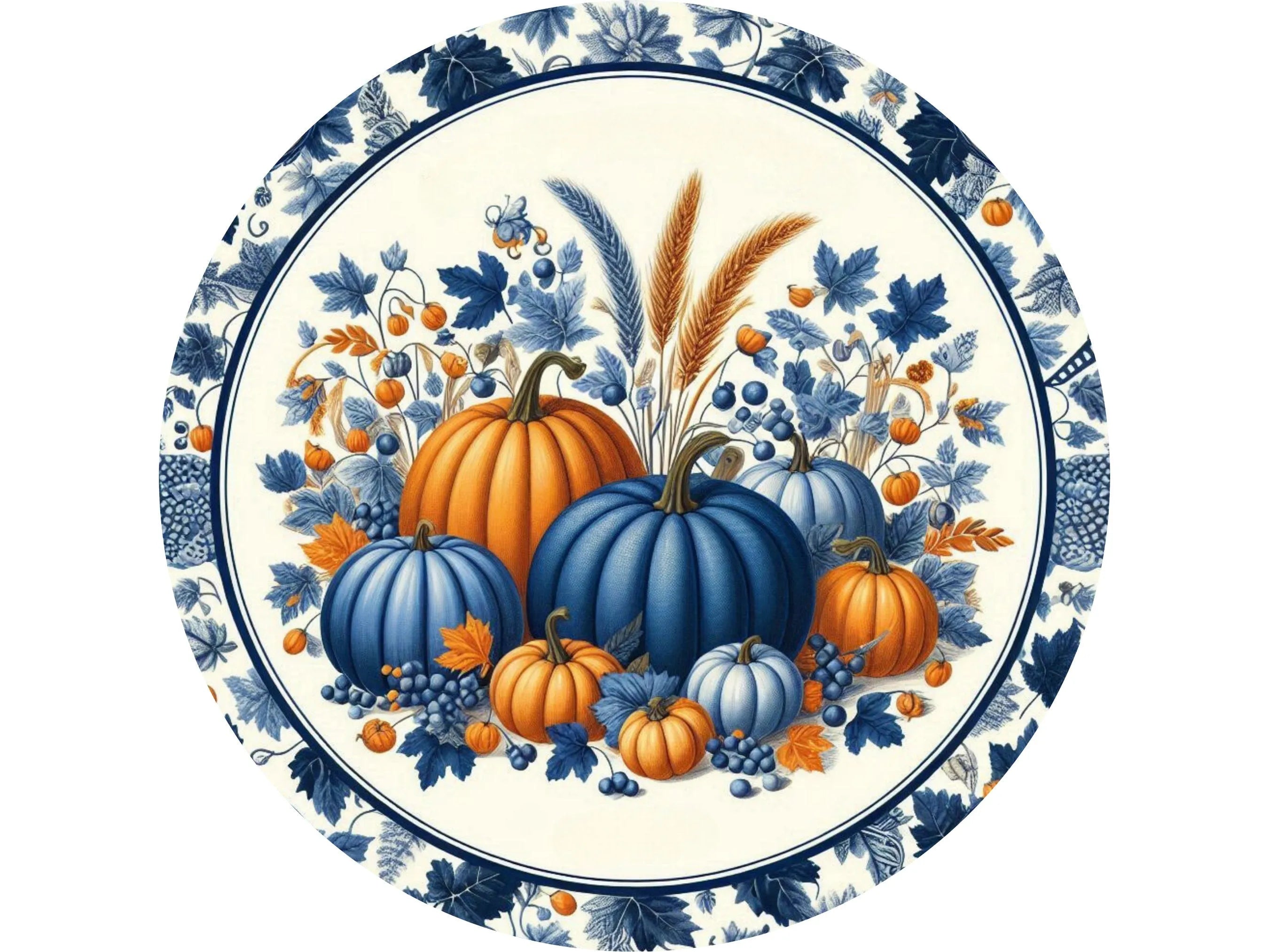 Blue and Orange Pumpkin Toile Sign, Metal Fall Decor, Vintage Autumn Floral Wreath, Thanksgiving Wall Art