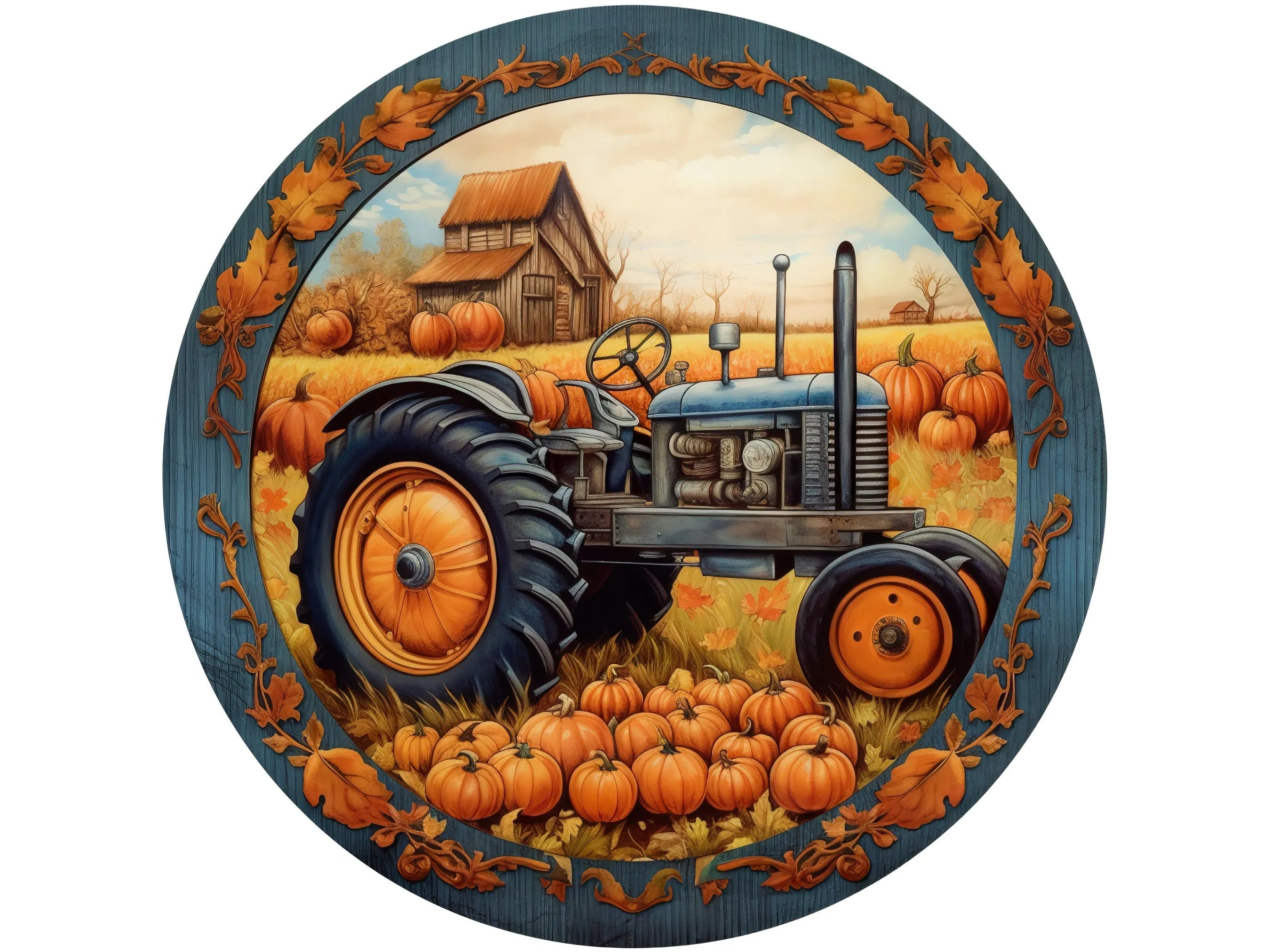 Blue and Orange Tractor Sign, Metal Fall Decor, Rustic Farmhouse Pumpkin Wreath, Autumn Harvest Wall Art