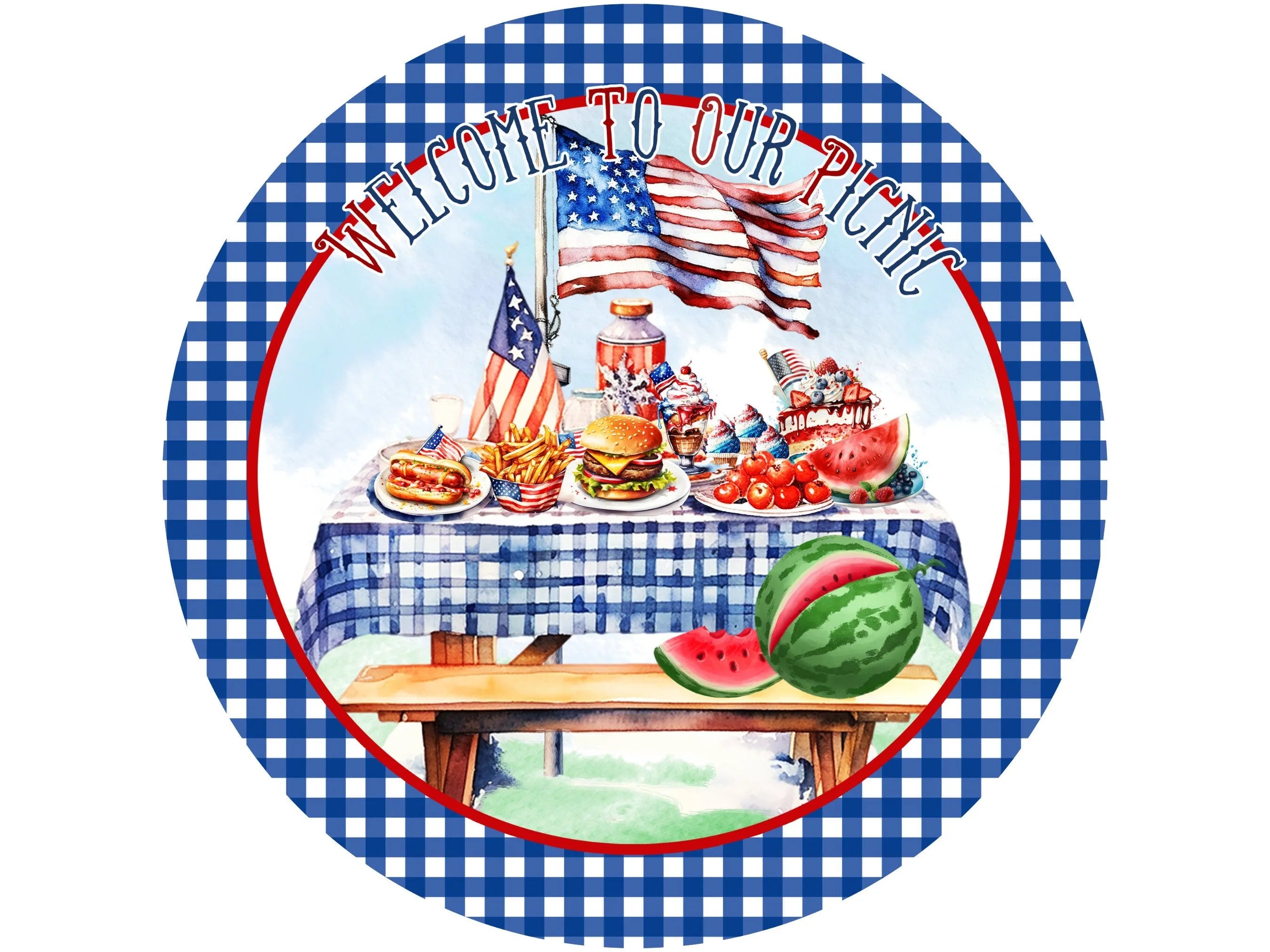 blue and white gingham patriotic picnic table wreath sign, farmhouse 4th of July sign, USA on the road sign, picnic watermelon party sign