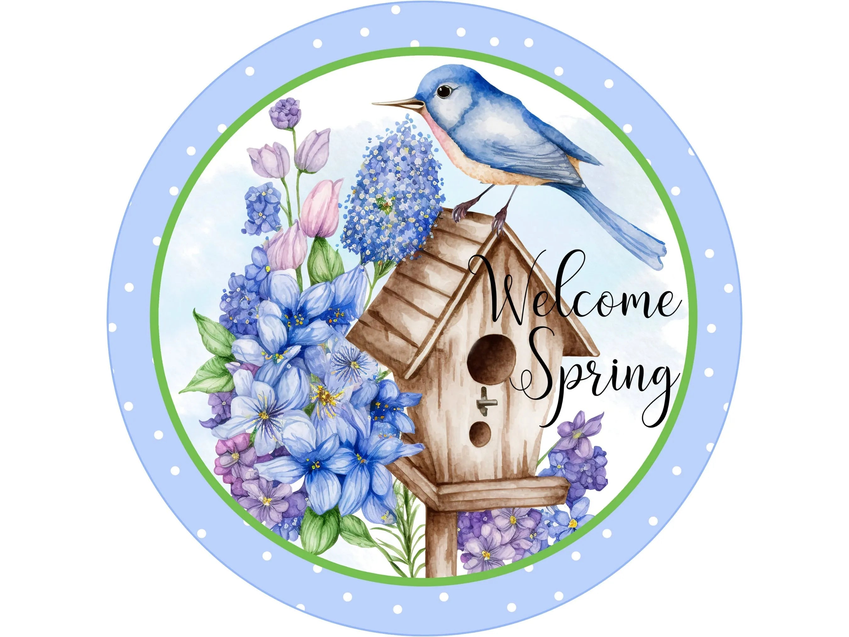 blue bird on top of birdhouse with spring flowers wreath sign, floral birdhouse with blue bird wall art, polka dot bird sign for March