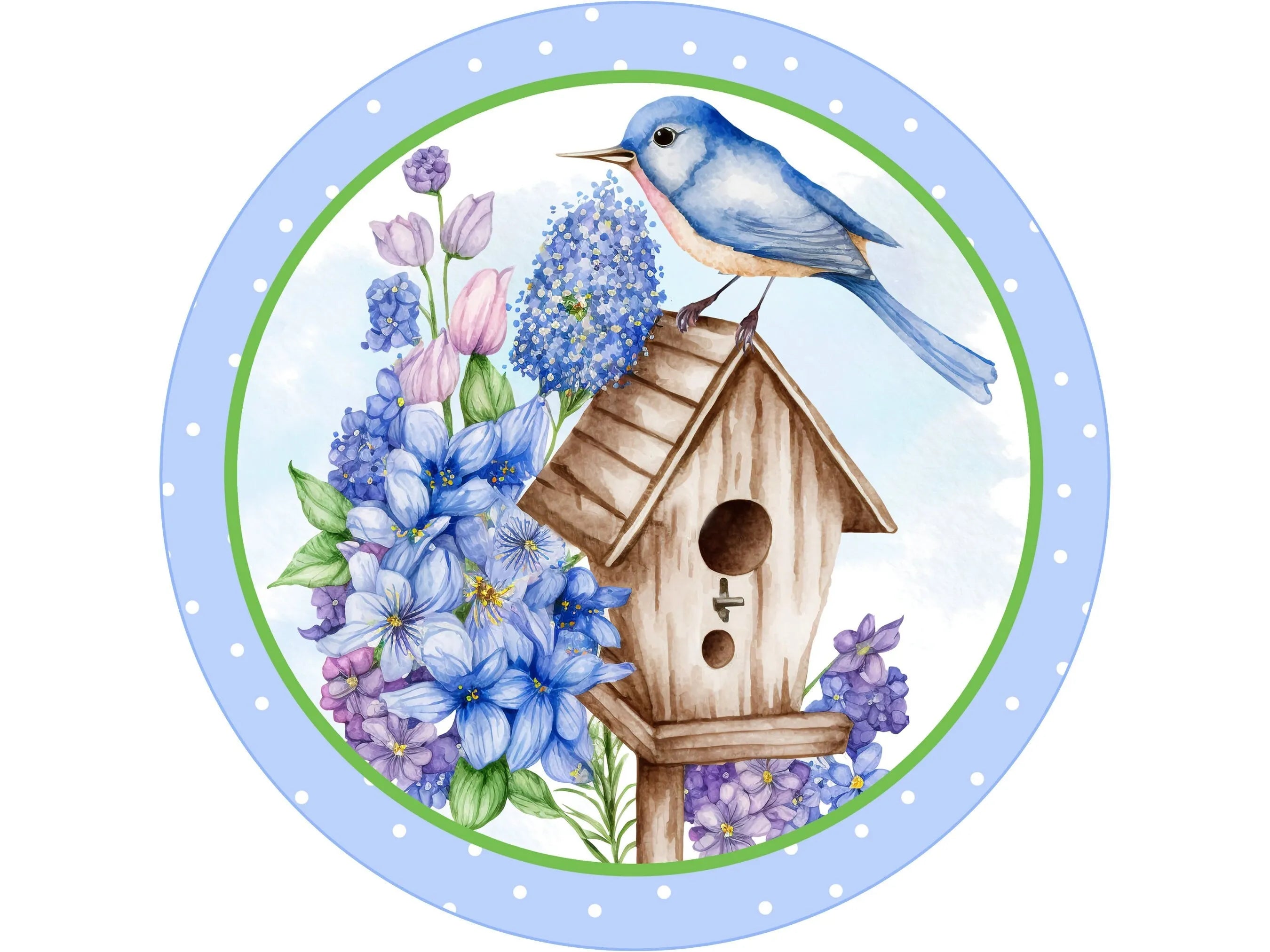 blue bird on top of birdhouse with spring flowers wreath sign, floral birdhouse with blue bird wall art, polka dot bird sign for March