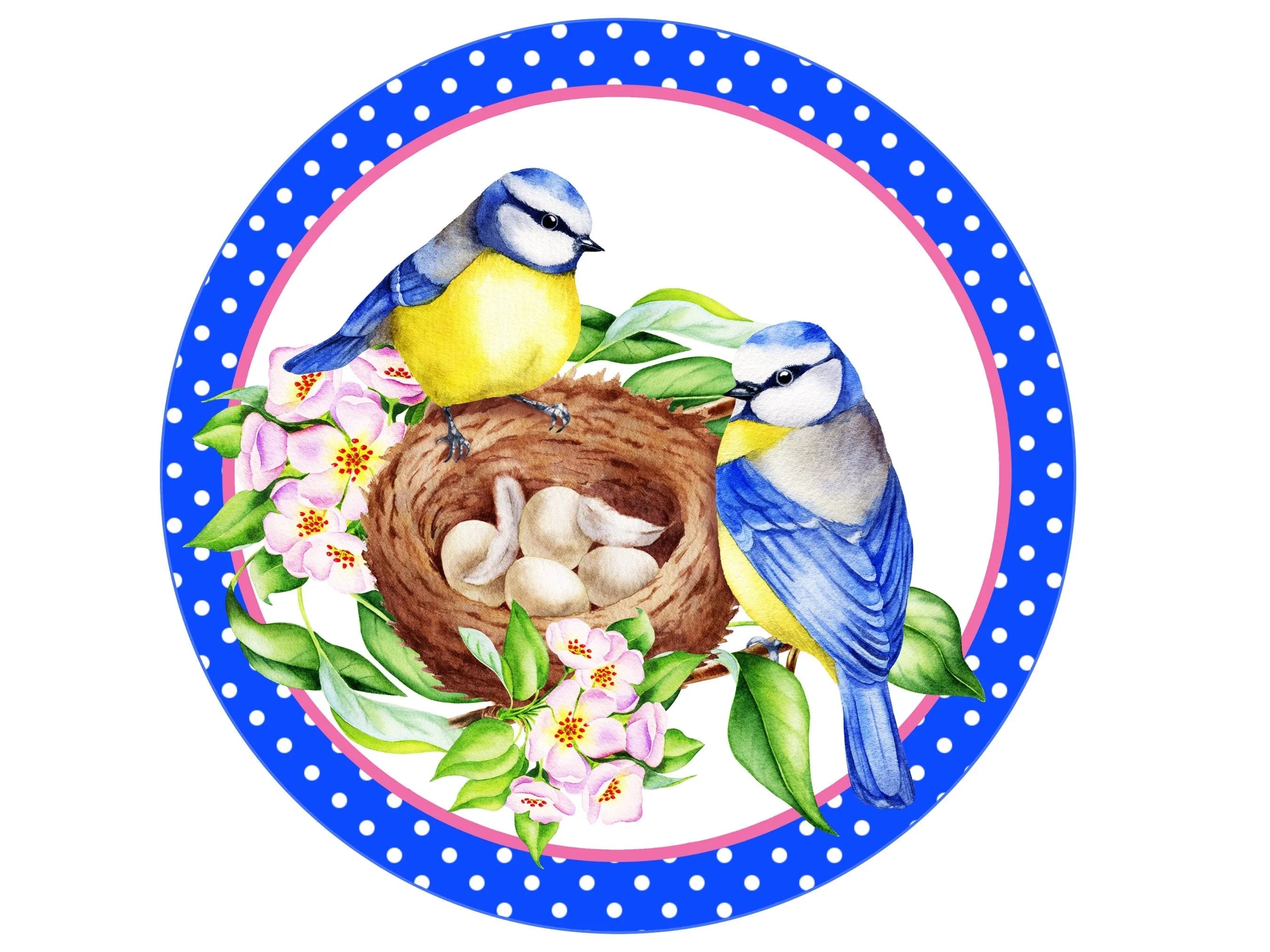 blue birds with eggs and nest spring wreath sign, floral birds and nest wall art, polka dot bird sign for March