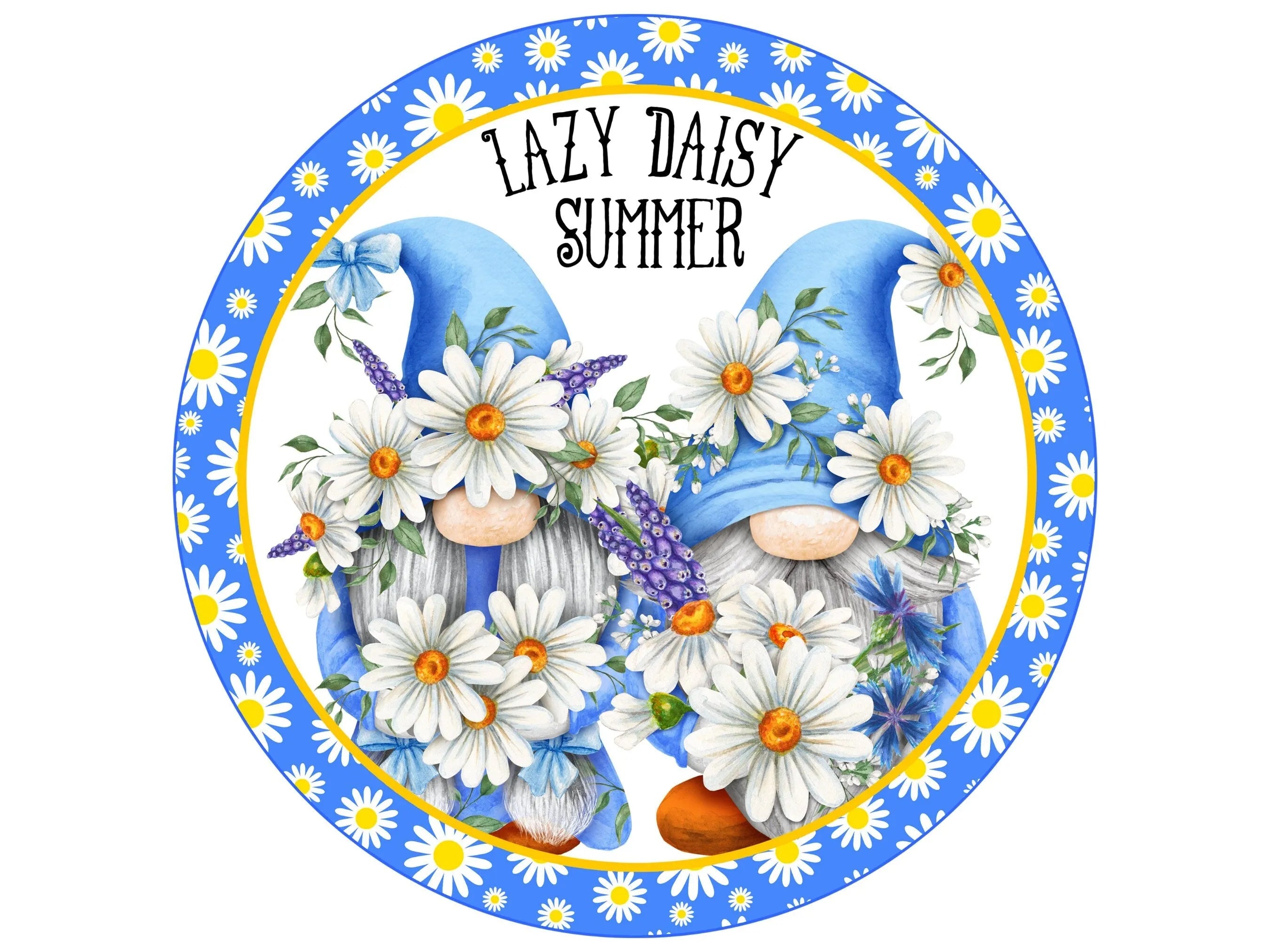 blue gnome daisy wreath sign, summer daisy gnome wreath attachment, daisy lover wall art