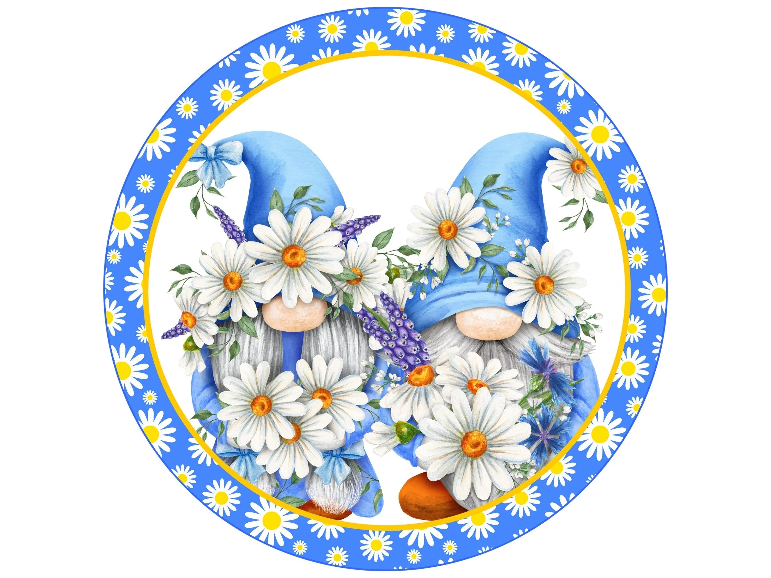 blue gnome daisy wreath sign, summer daisy gnome wreath attachment, daisy lover wall art