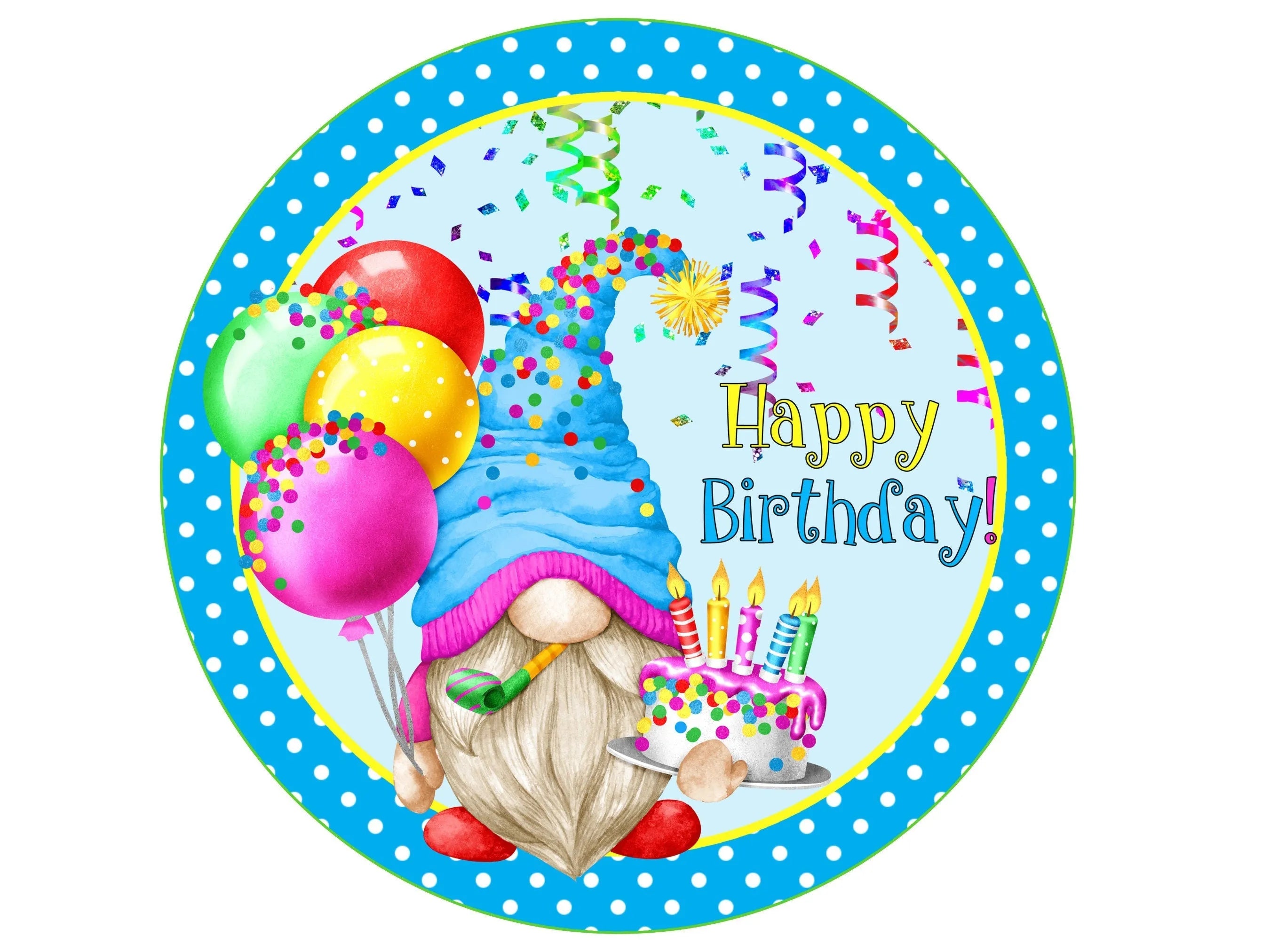 blue gnome with balloons happy birthday wreath sign, first birthday sign, 1st birthday sign