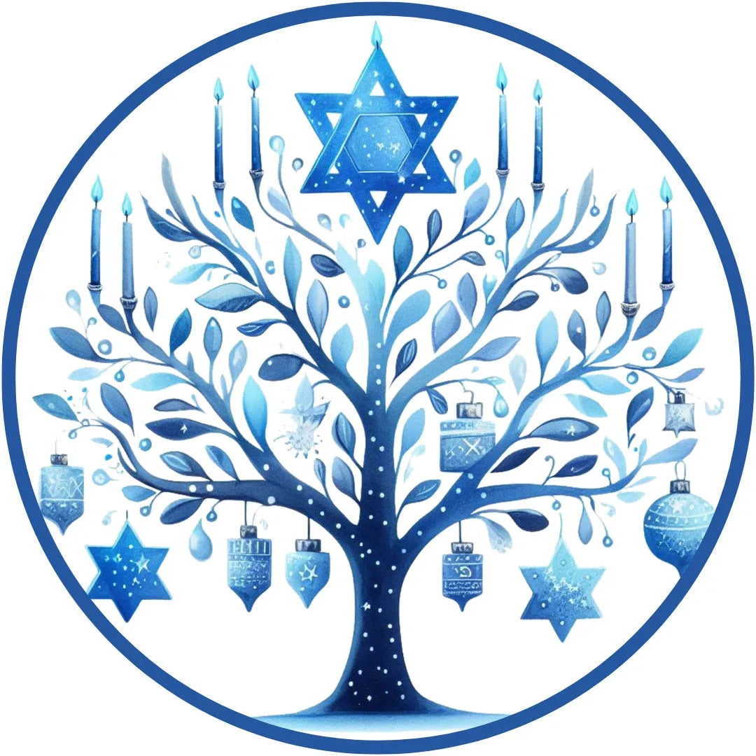 Blue Hanukkah Celebration Tree Sign, Hanukkah Home Decor, Menorah Tree Art, Star of David Holiday Sign, Jewish Holiday Wall Decor