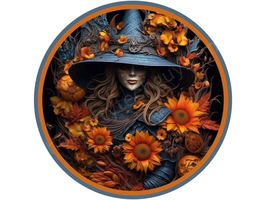 blue hat wicked witch orange sunflowers wreath sign, orange sunflowers Halloween sign, spooky Halloween witch wall art