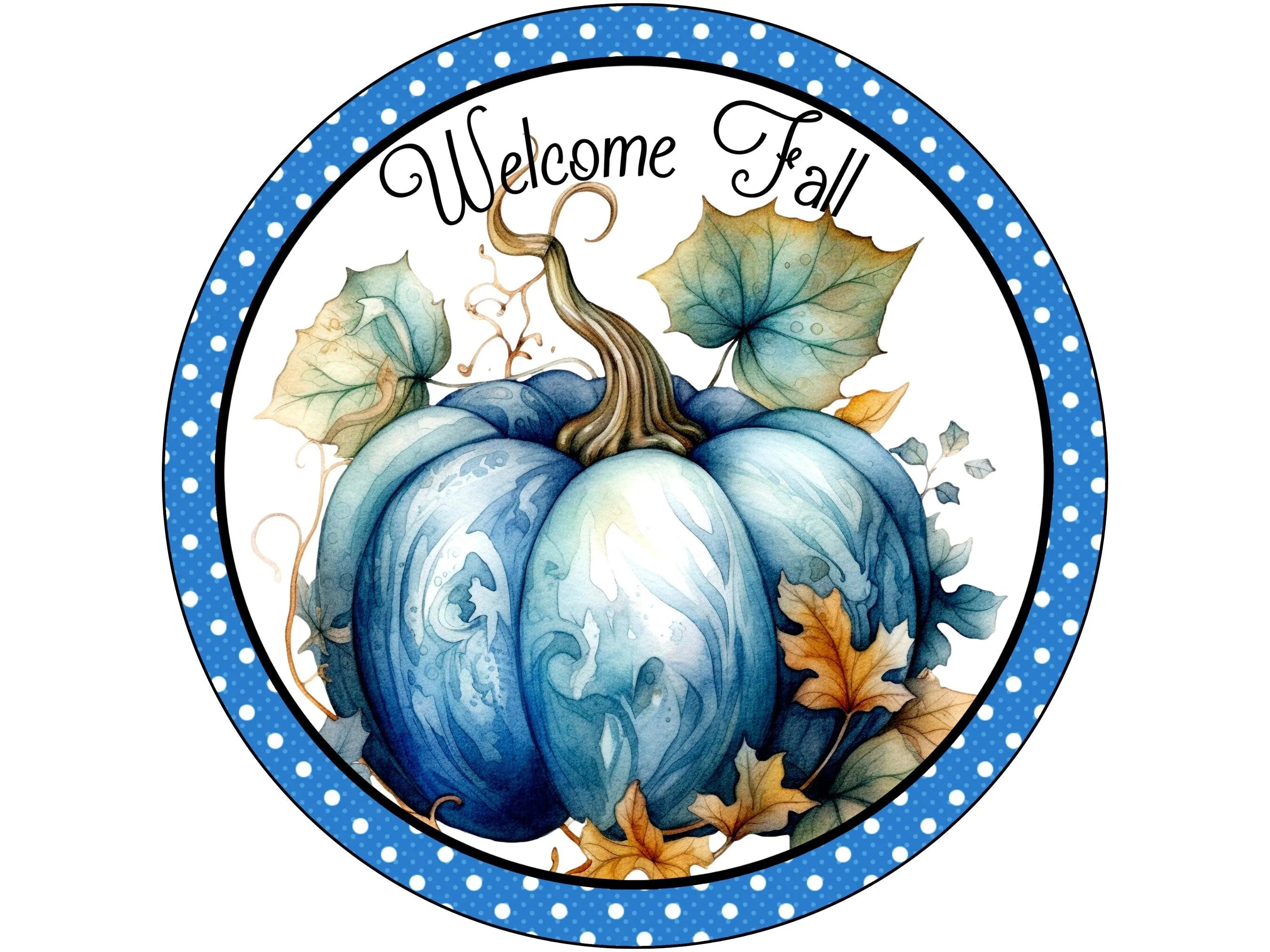 blue polka dot fall welcome wreath sign, fall sign with blue and white colors