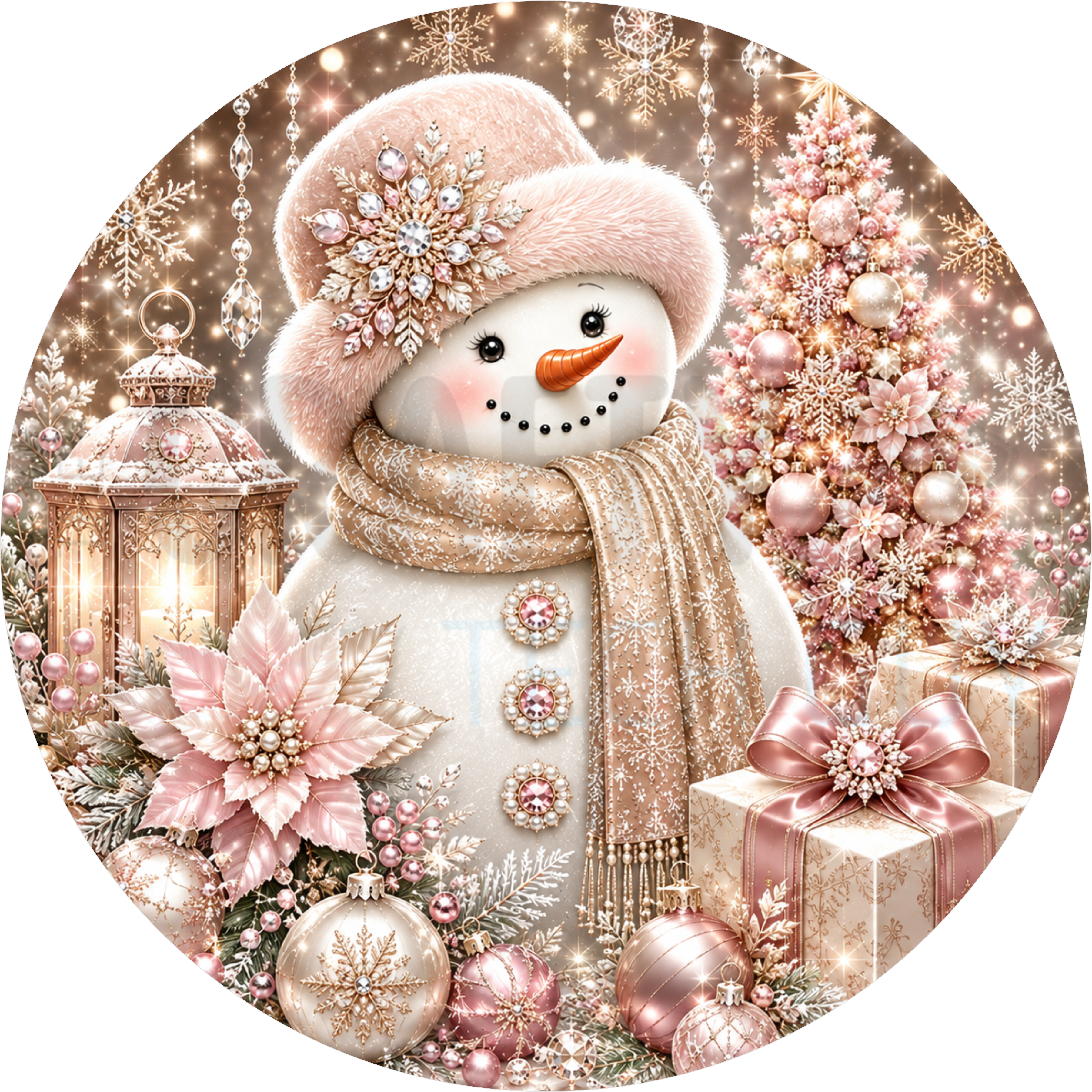 Glam Christmas round wreath sign in coated aluminum, showing a snowman in a blush pink fur hat with rose gold ornaments and a pink tree
