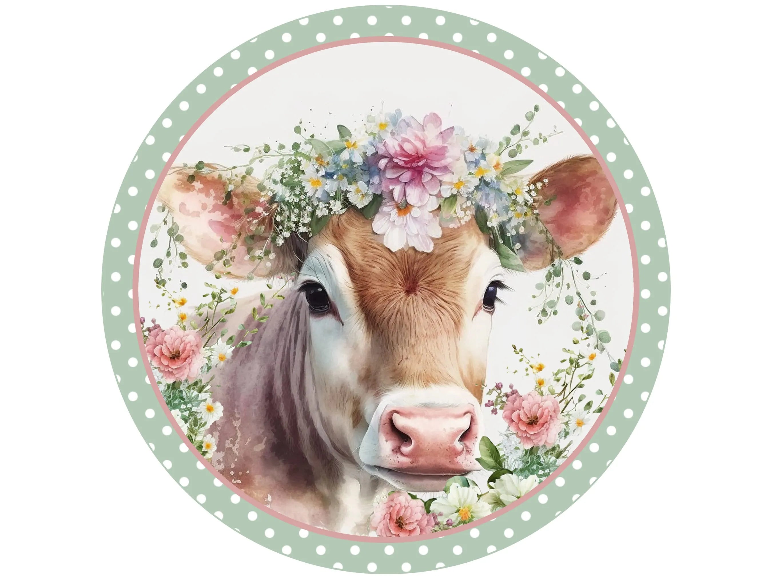 bogo realistic cow with pink flowers and greenery wreath sign, cow sign, cow and flowers sign