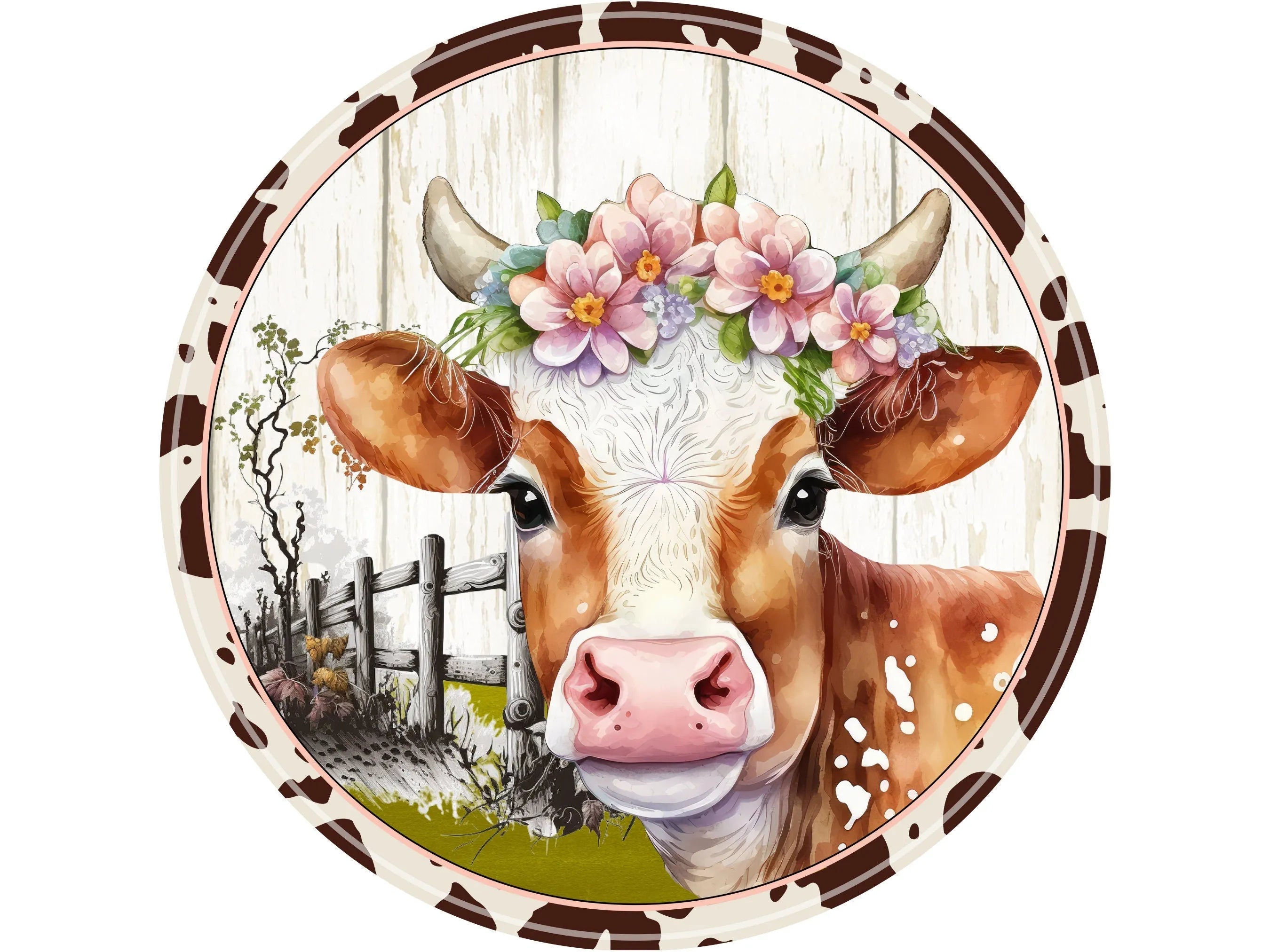 bogo realistic cow with pink flowers and greenery wreath sign, cow sign, cow and flowers sign