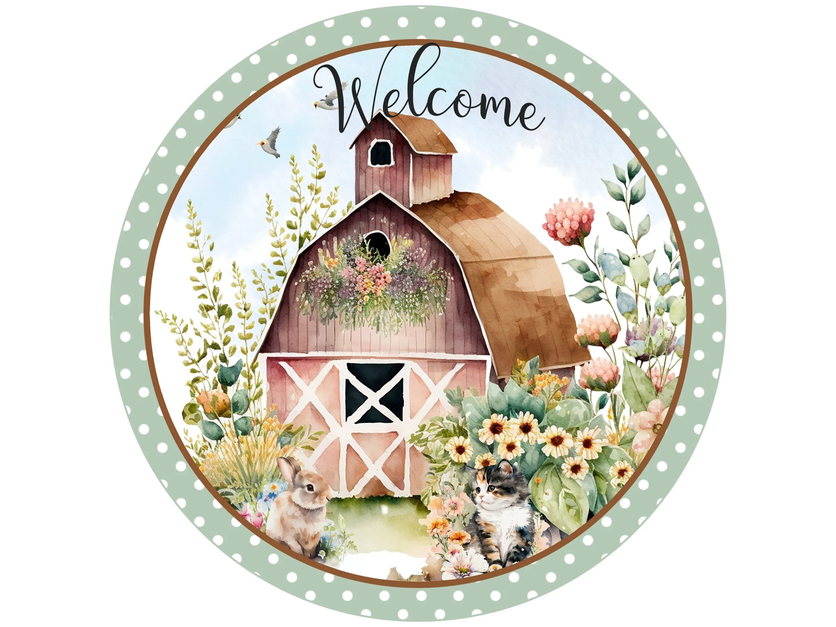 boho style muted barn with flowers welcome wreath sign, farm animal barn sign, sign for everyday, farmhouse animals and barn sign