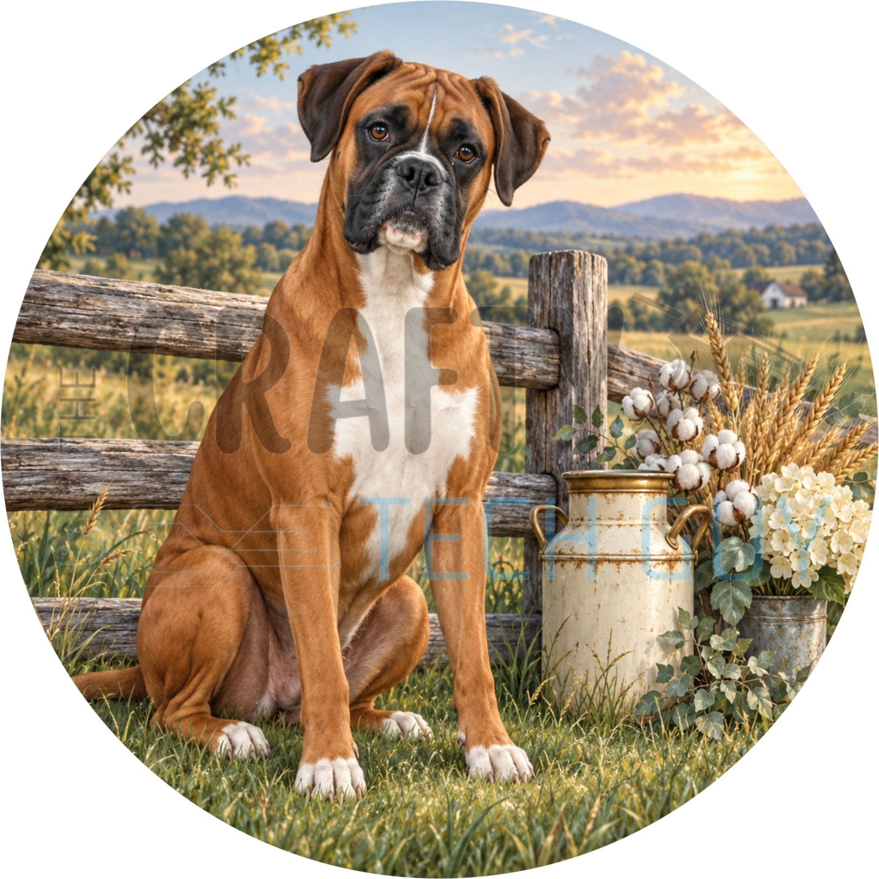 Fawn boxer round wreath sign in pasture grass at a split-rail fence with a milk can, cotton bolls and white hydrangeas