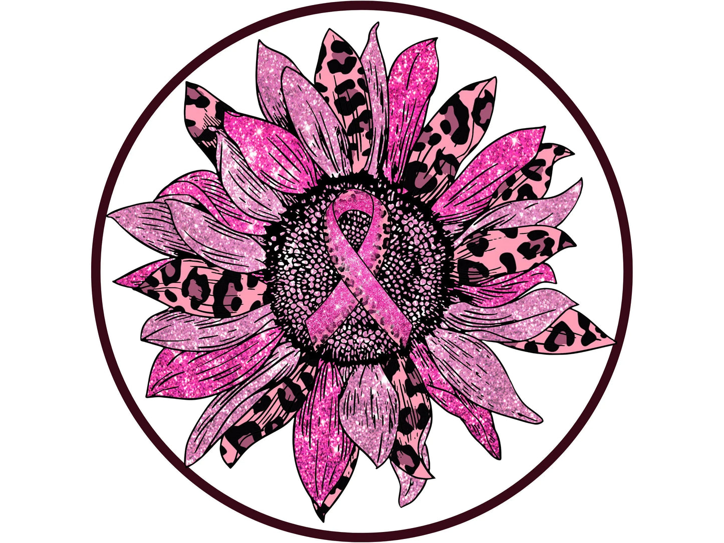 breast cancer awareness leopard print pink sunflower wreath sign, sign for awareness, sign for October