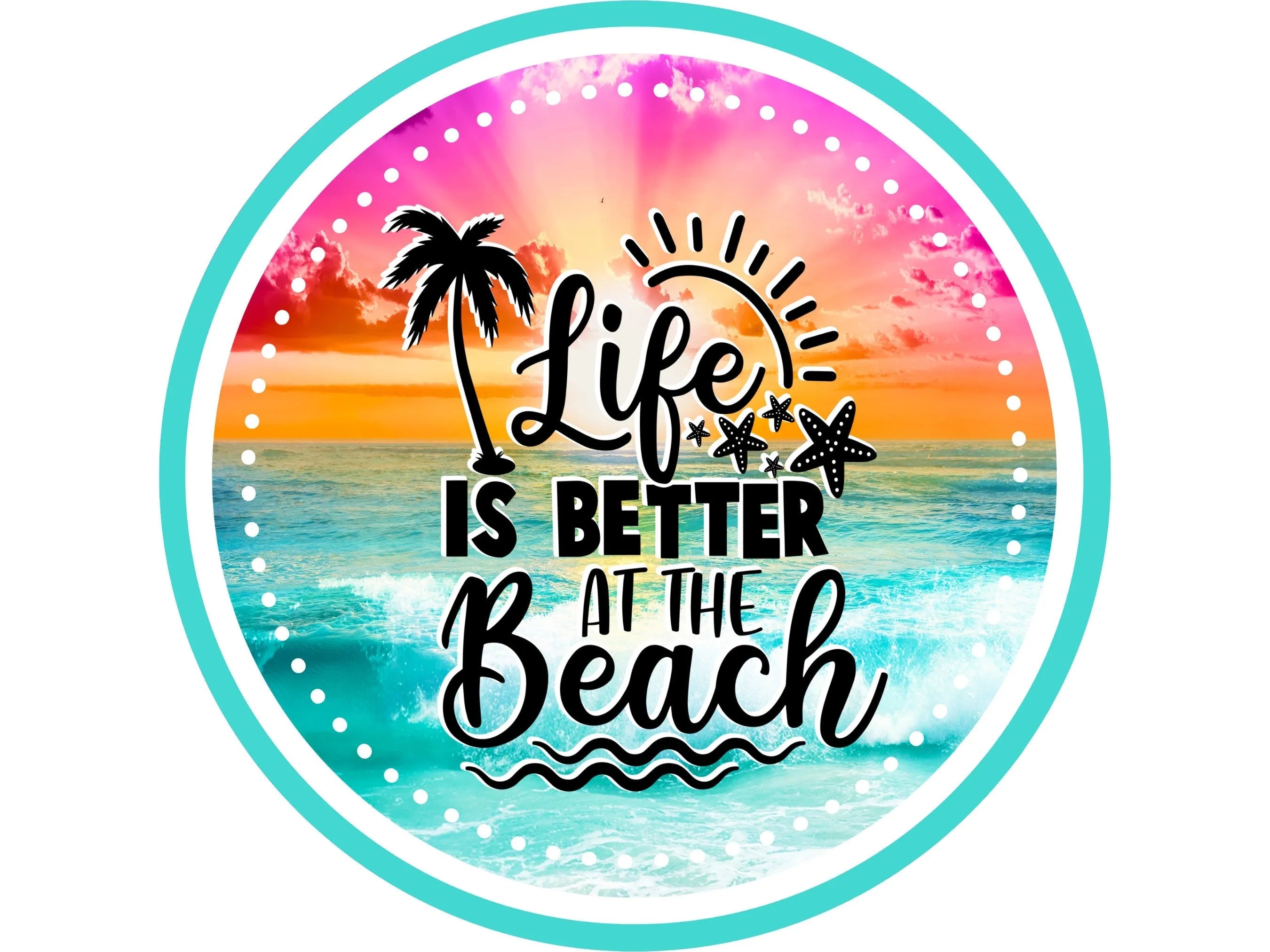 bright sunset at the beach metal wreath sign, beach bum wall decor, pink sky and blue ocean wreath attachment