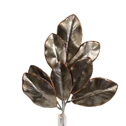 17.5 Inch Bronze Gold Metallic Magnolia Leaf Stem with 7 Glitter Edged Leaves