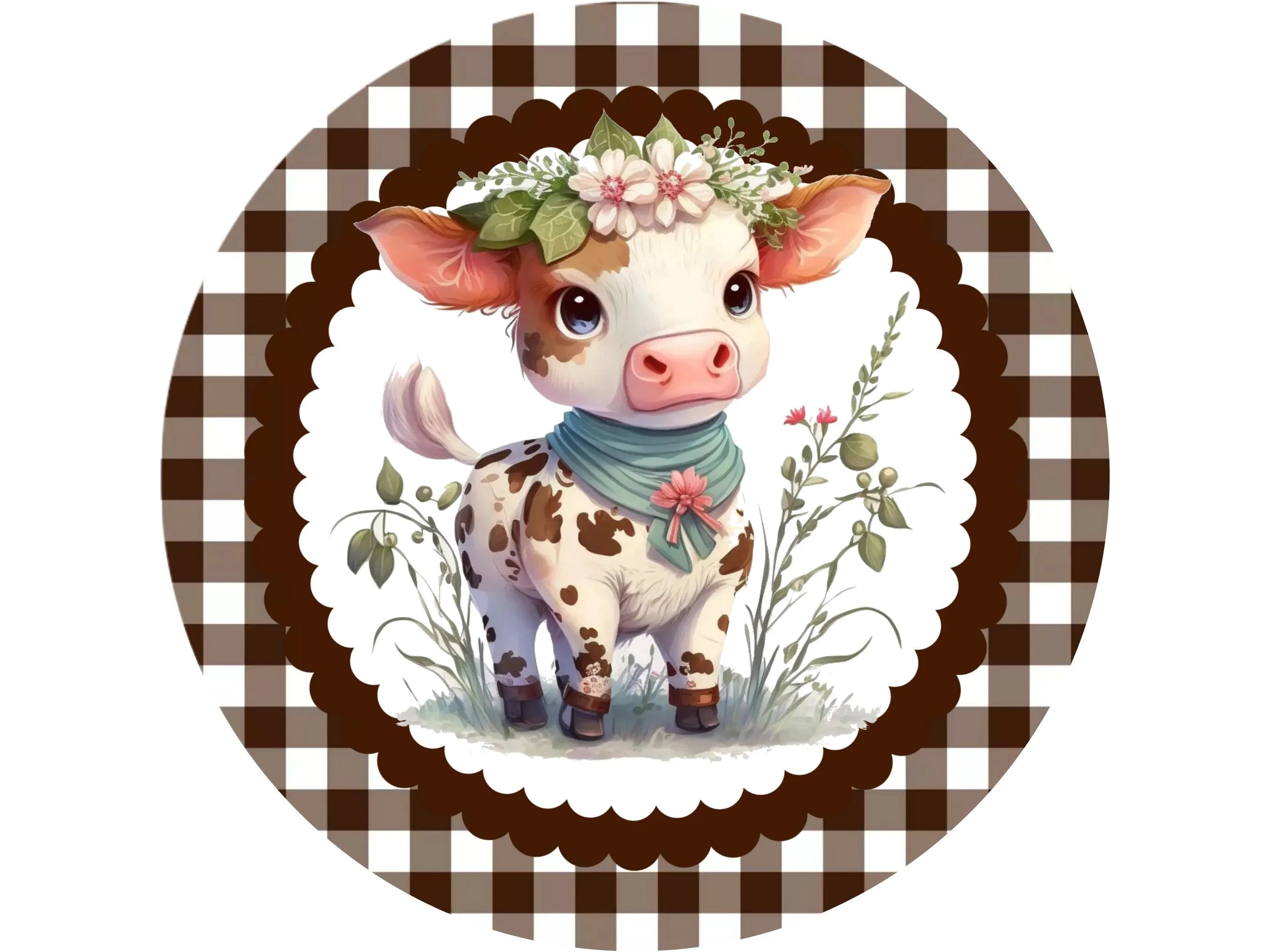 brown baby cow with flowers in a field welcome wreath sign, brown buffalo check young cow welcome sign, farm life welcome sign