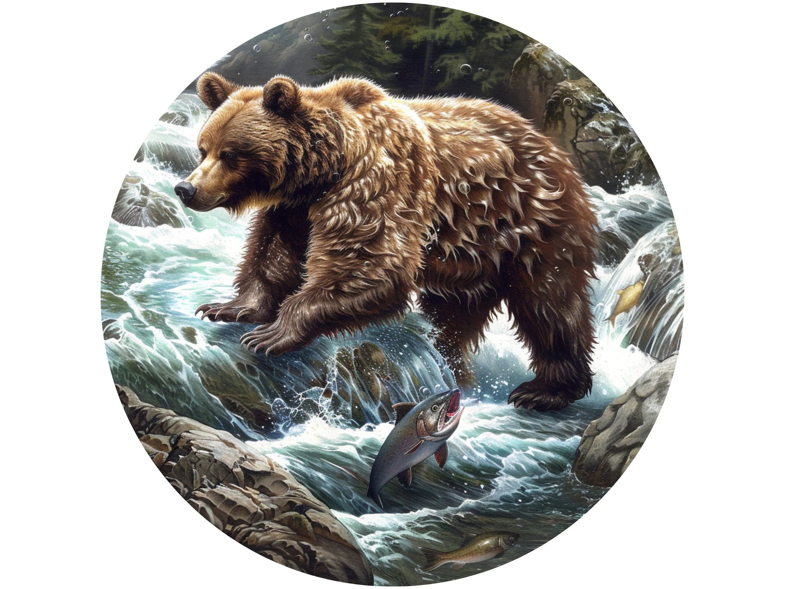 brown grizzly bear standing in river with fish metal wreath attachment, big brown bear fishing in stream wreath attachment