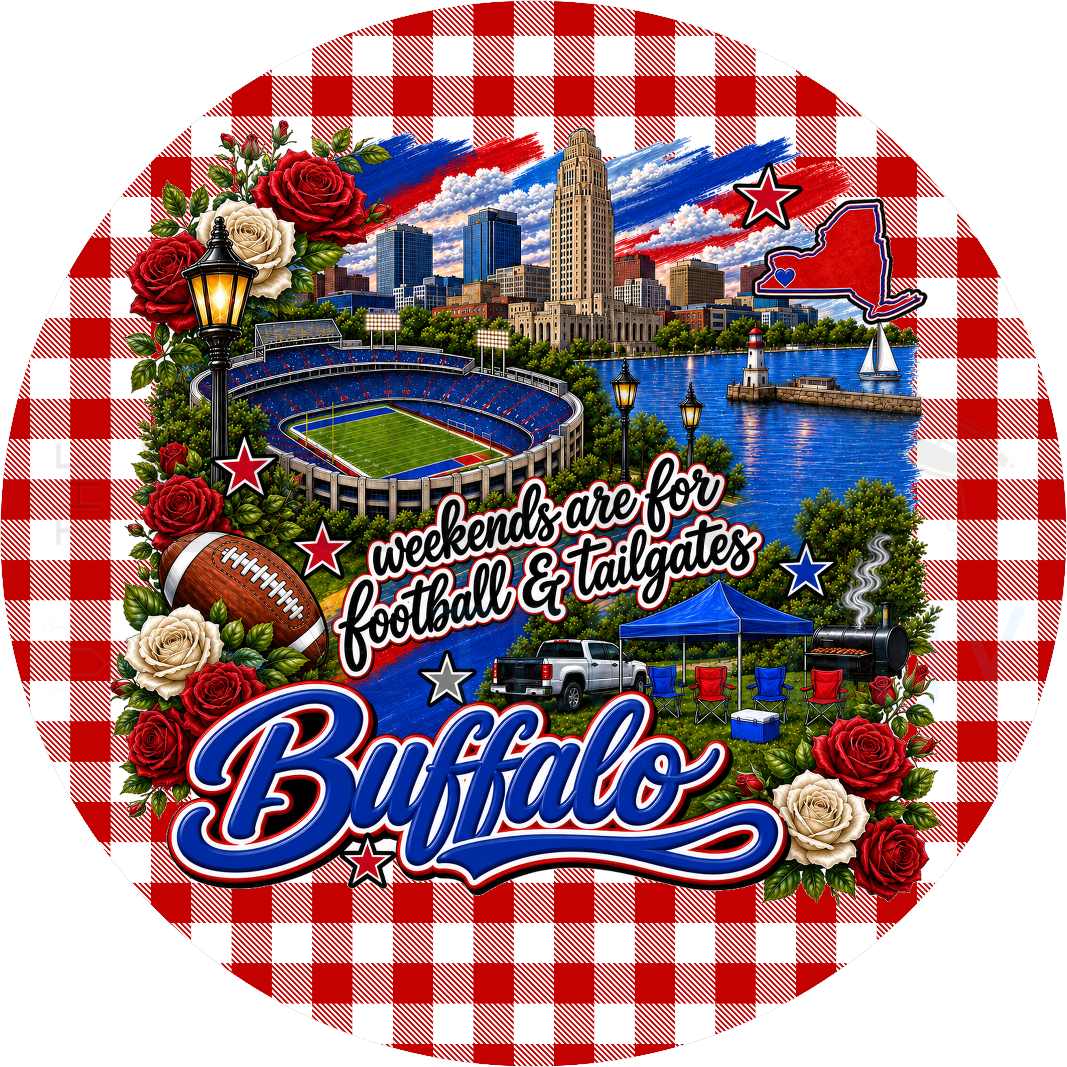 Buffalo football tailgate round wreath sign with red gingham border, City Hall, harbor lighthouse, stadium, New York state outline and red roses