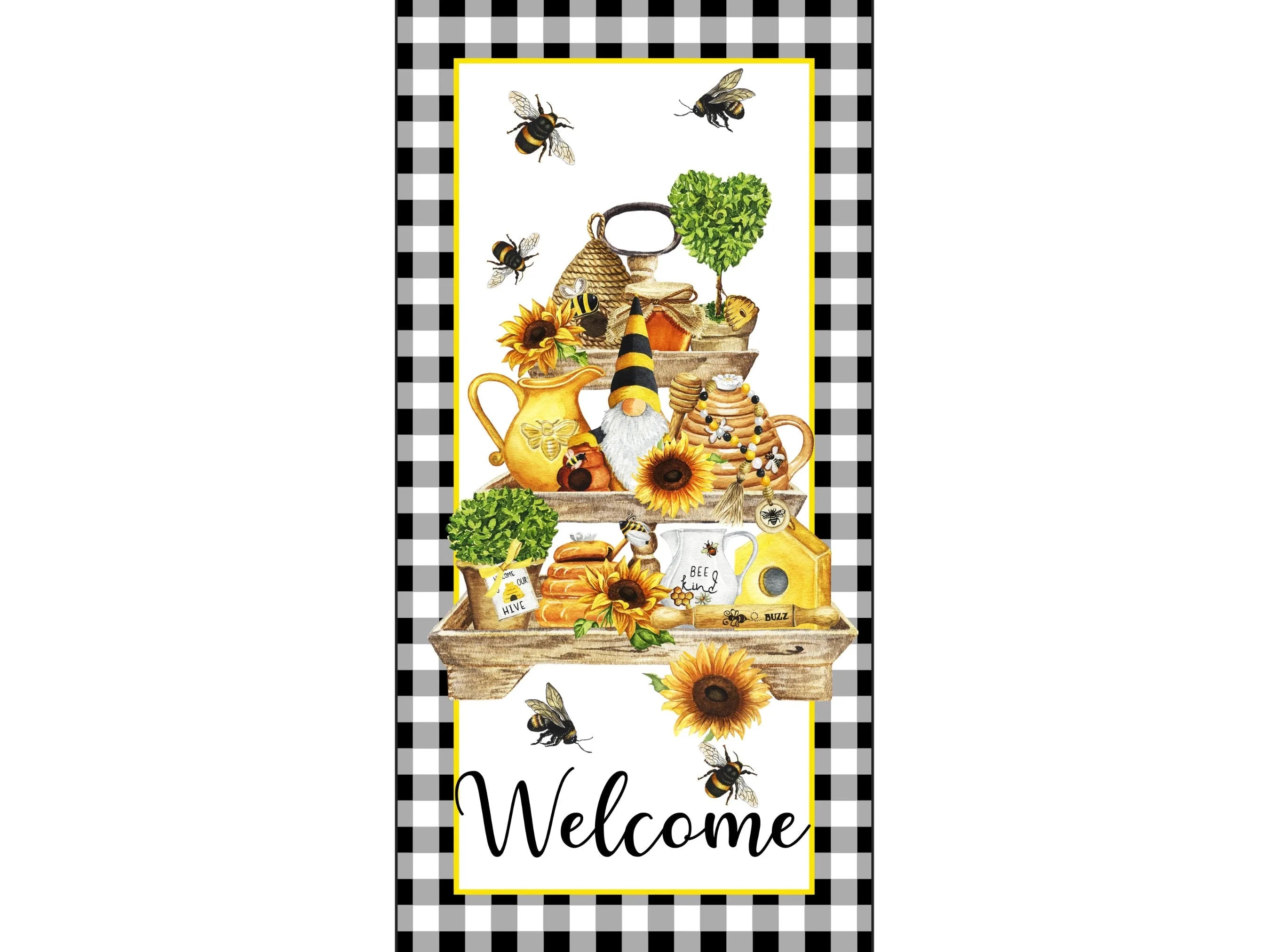 buffalo check bee gnome tiered tray metal wreath sign, sign for summer, sign for kitchen