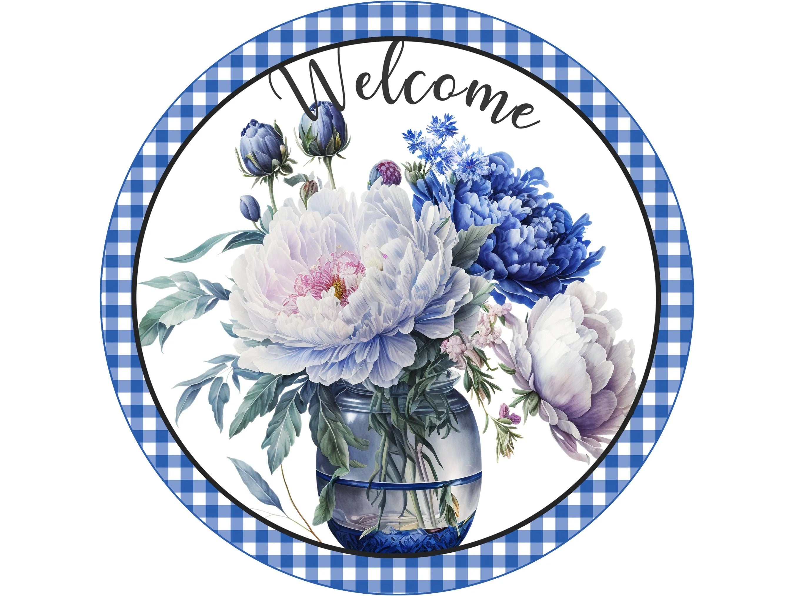 buffalo check blue and purple flowers in a Mason jar wreath sign, blue florals still life wall art, sign for spring, sign for summer