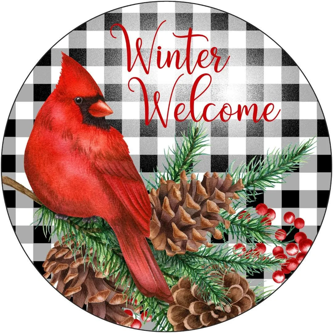 Buffalo Check Cardinal Sign, Rustic Winter Wall Decor, Red Bird and Pinecones, Christmas Cardinal Decoration, Woodland Home Decor