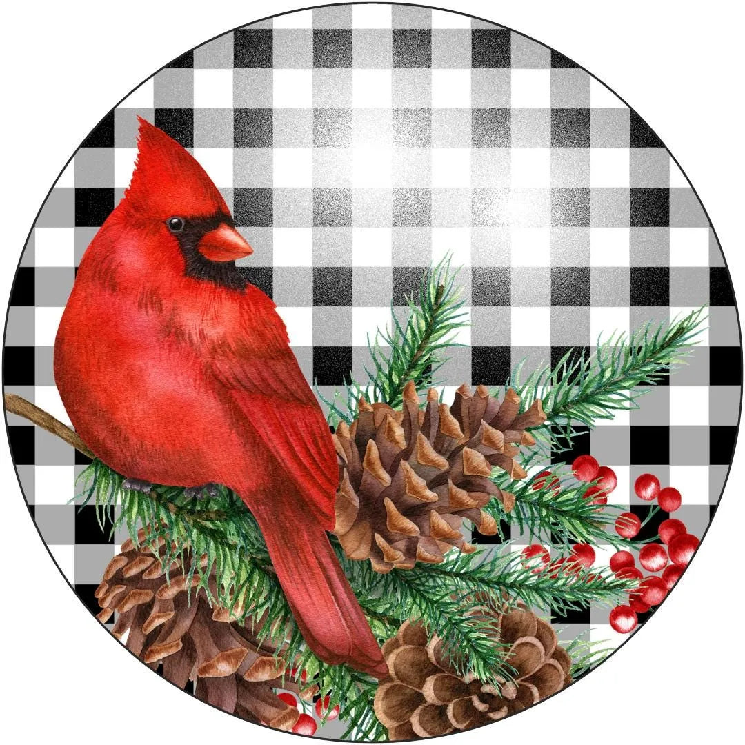 Buffalo Check Cardinal Sign, Rustic Winter Wall Decor, Red Bird and Pinecones, Christmas Cardinal Decoration, Woodland Home Decor