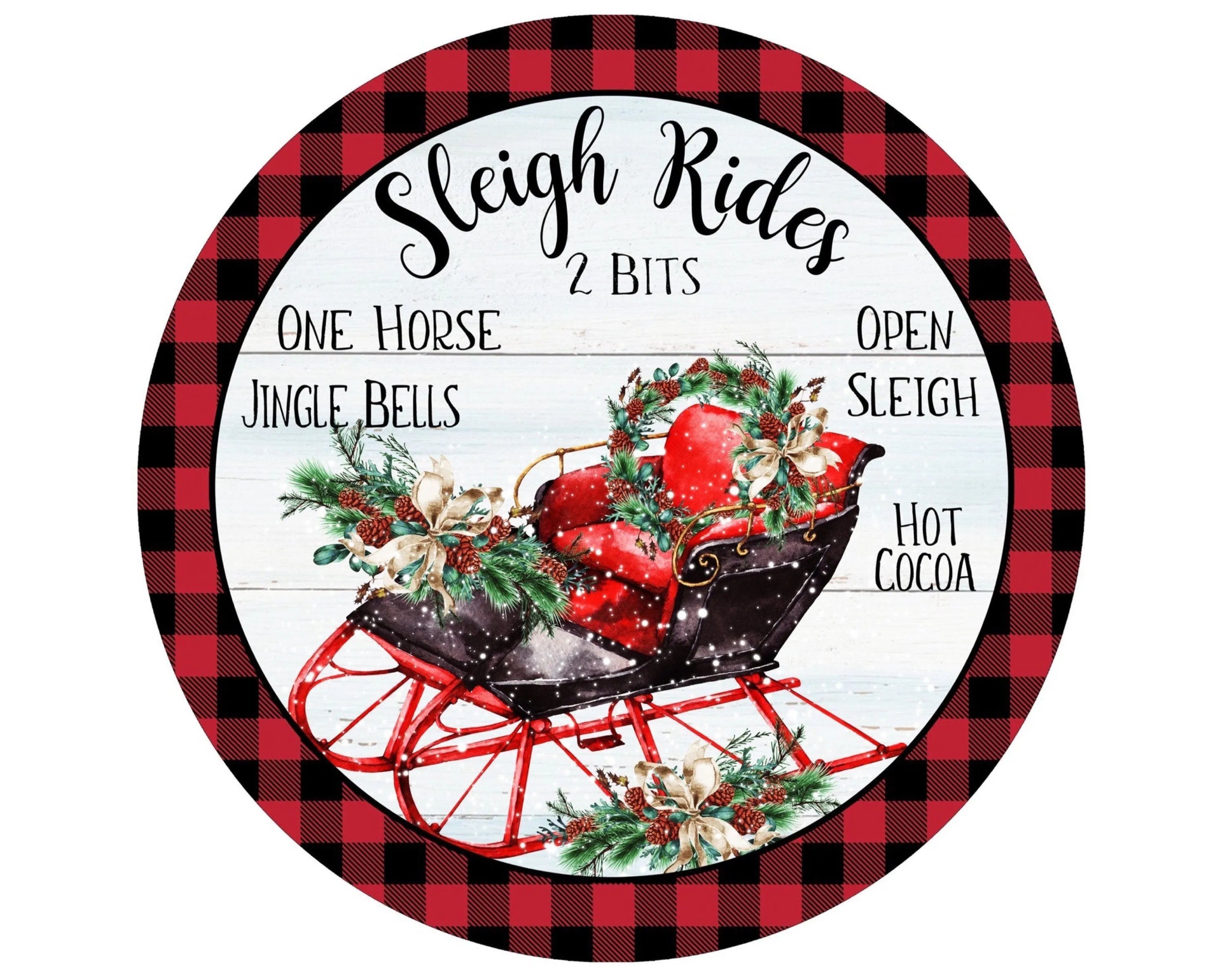 Buffalo Check Christmas Sleigh with presents metal wreath Sign, Buffalo Plaid Winter Decor, Vintage Holiday Wall Art