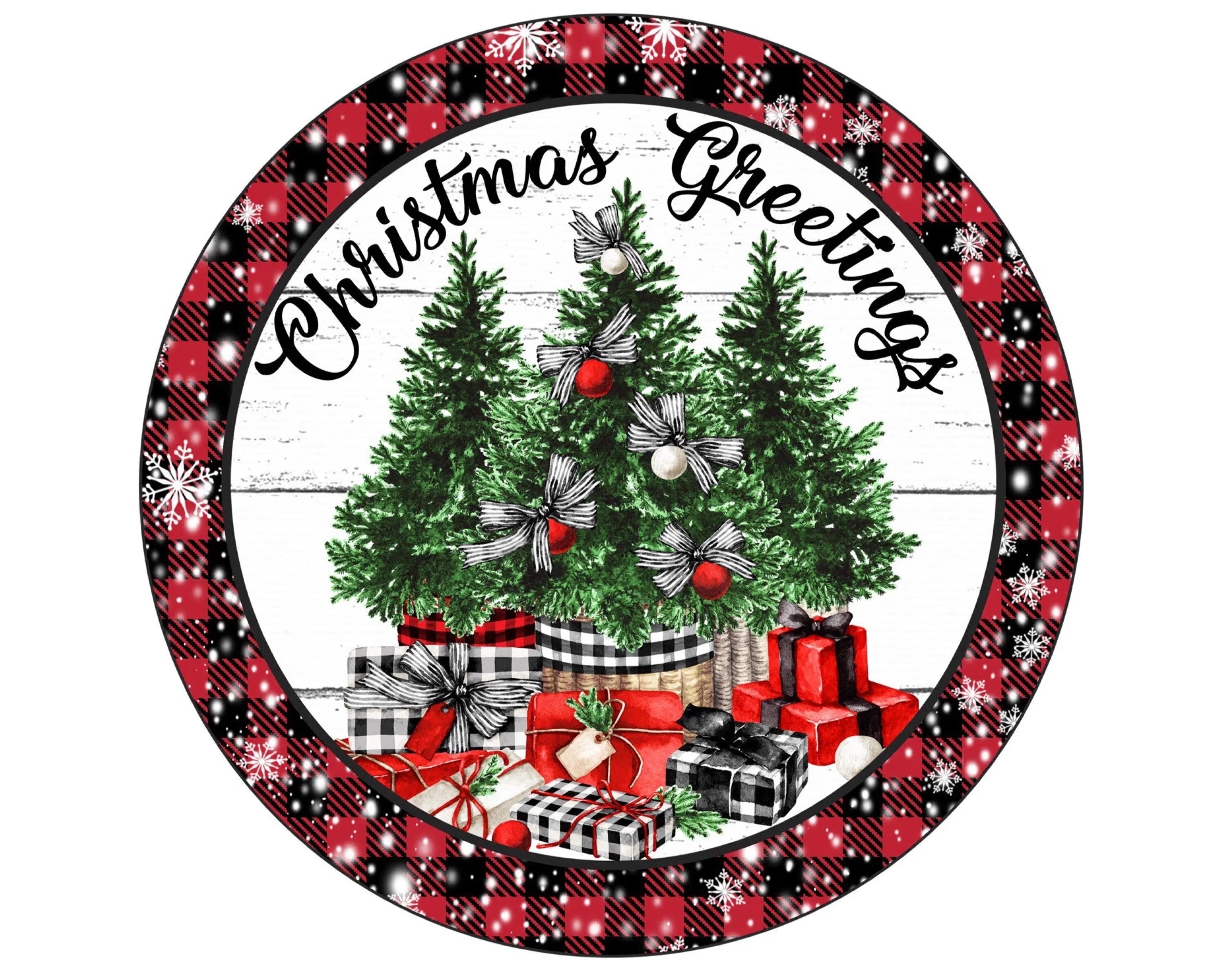 Buffalo Check Christmas trees with presents metal wreath Sign, Buffalo Plaid Winter Decor, Vintage Holiday Wall Art