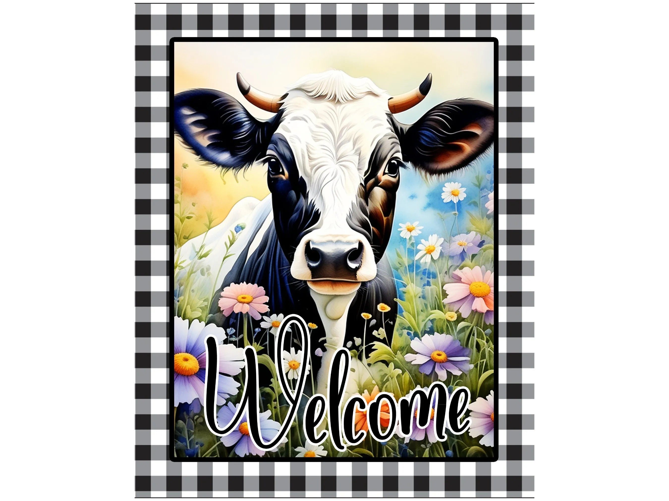 buffalo check floral farmhouse cow metal wreath sign, black and white cow wall art, sign for Spring, sign for Summer