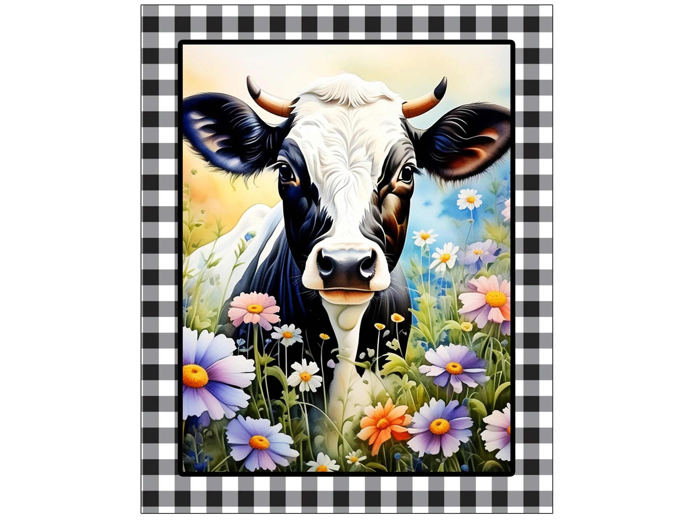 buffalo check floral farmhouse cow metal wreath sign, black and white cow wall art, sign for Spring, sign for Summer