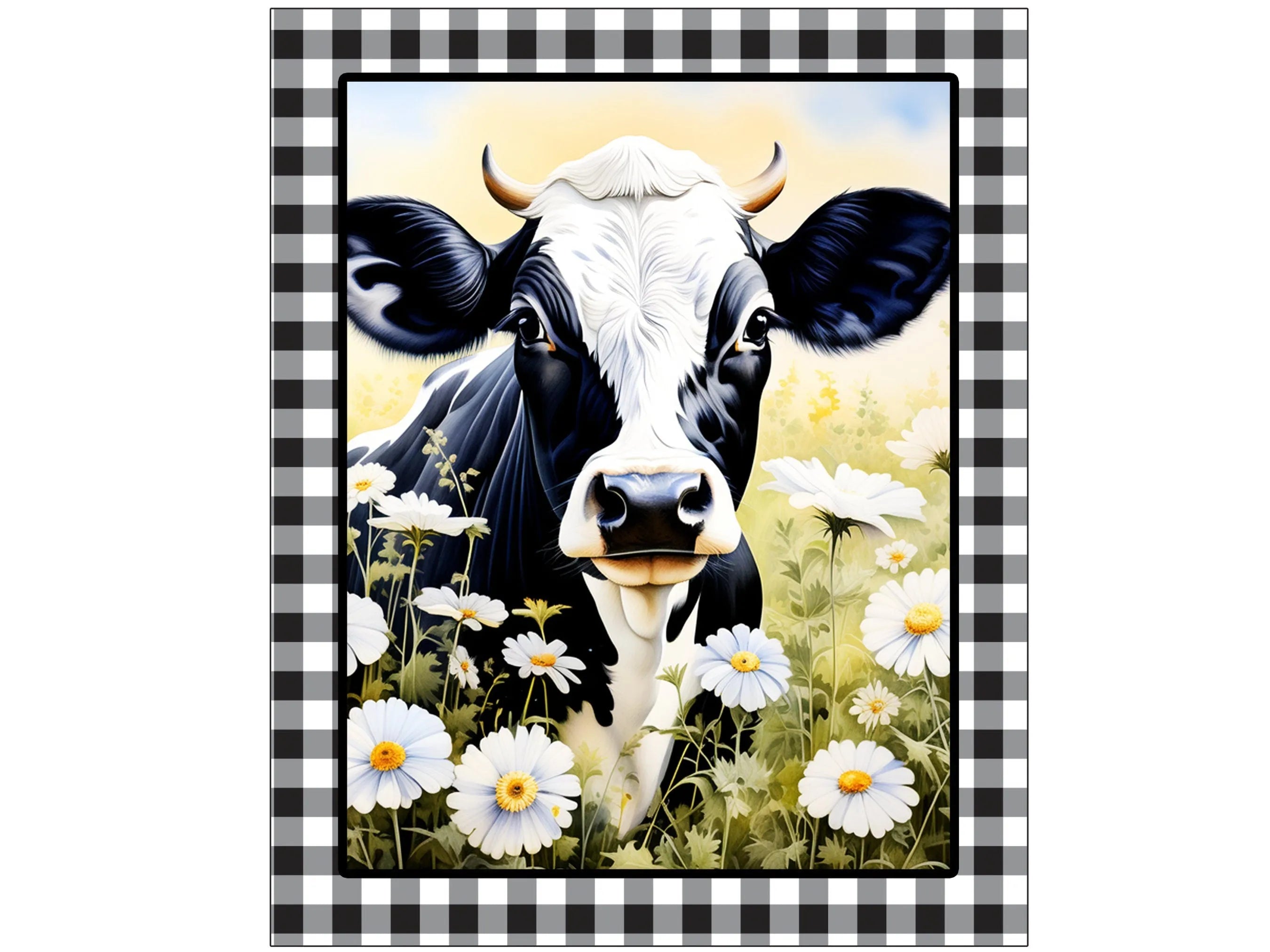 buffalo check floral farmhouse cow metal wreath sign, black and white cow wall art, sign for Spring, sign for Summer