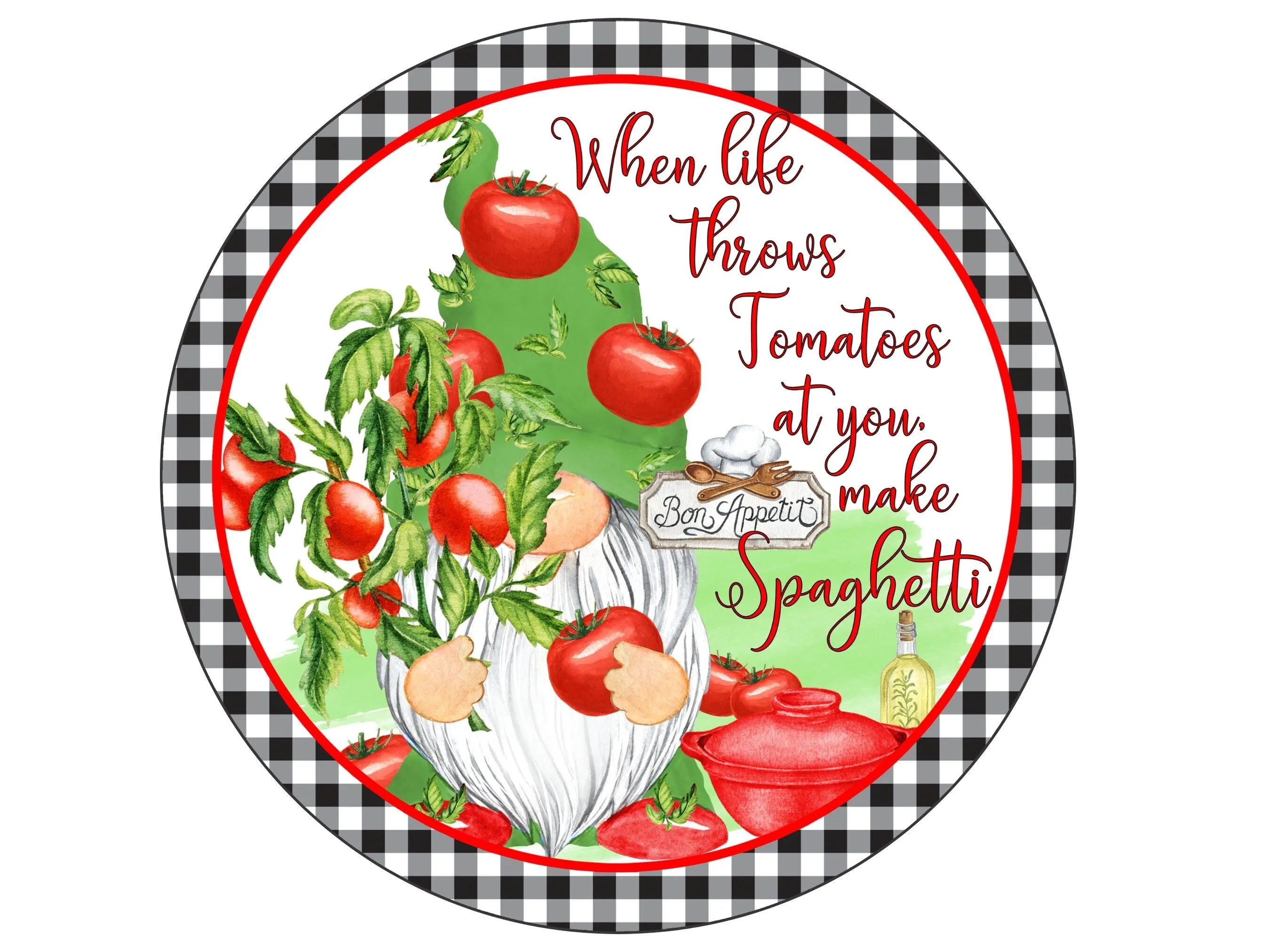 buffalo check gnome tomato summer wreath sign, garden tomato spaghetti wall art, sign for summer