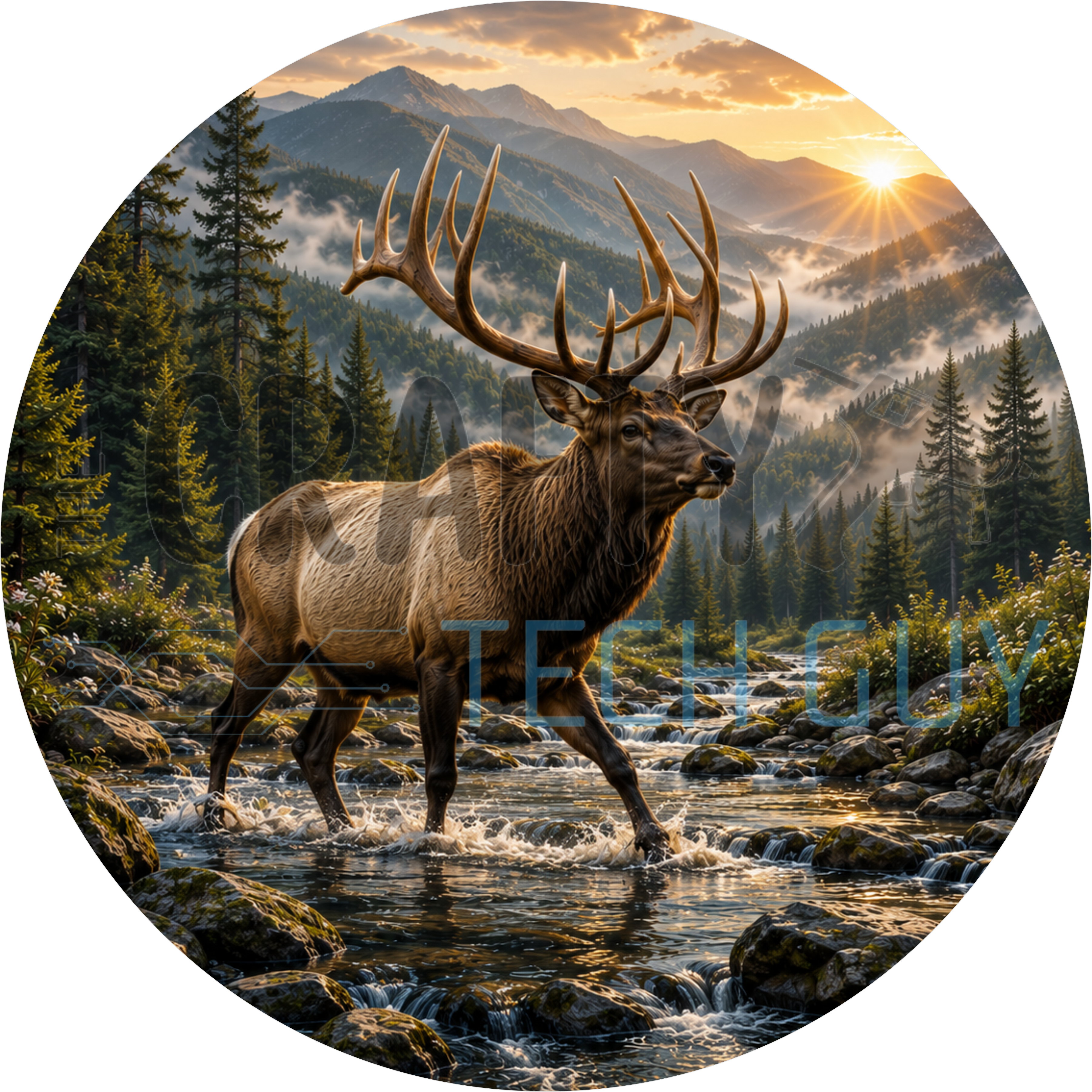 Bull elk round wreath sign in coated aluminum, showing an elk in a mountain river with pine forest and a golden sunset