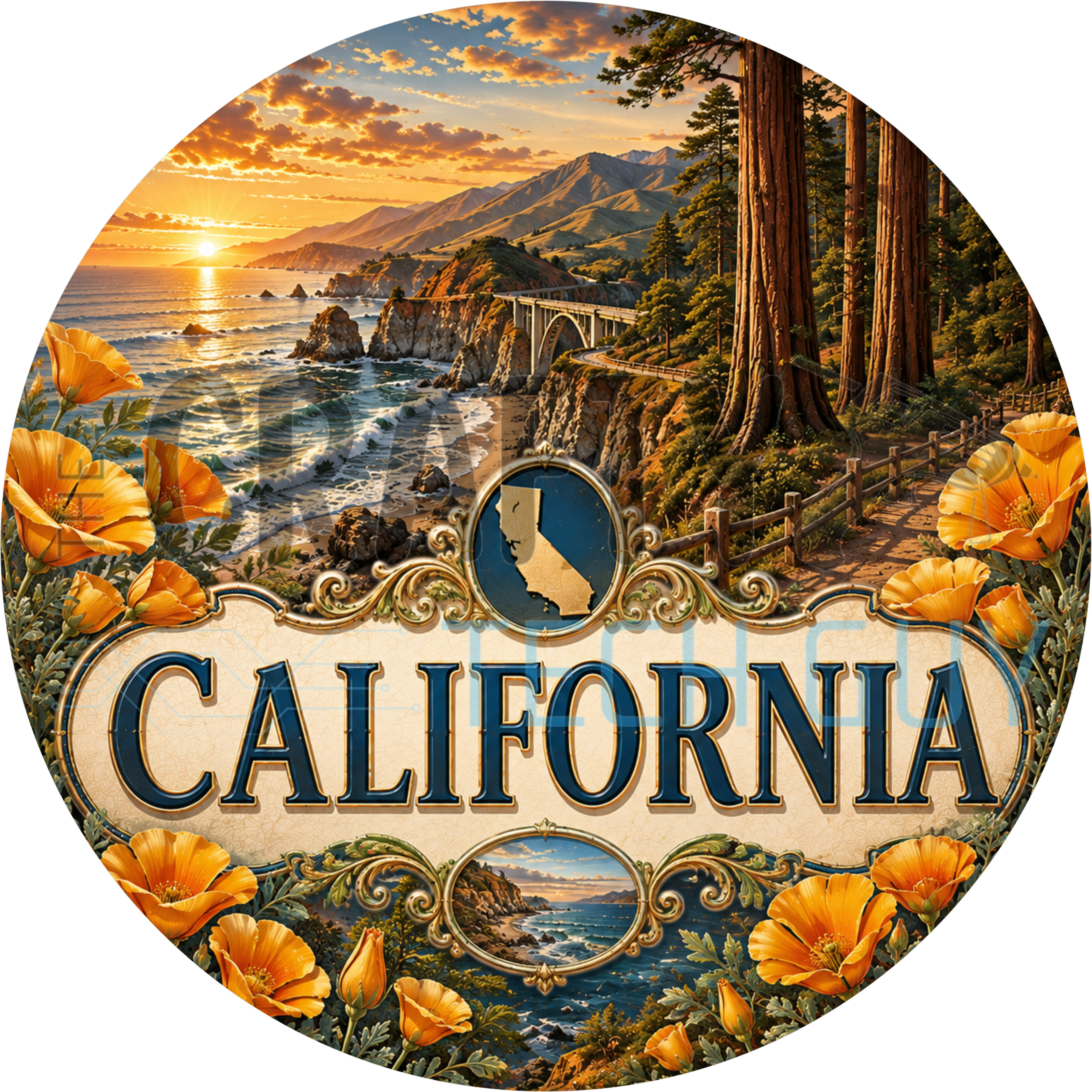 California round wreath sign in coated aluminum, showing golden poppies, redwood trees, a rocky coastline and a bridge at sunset