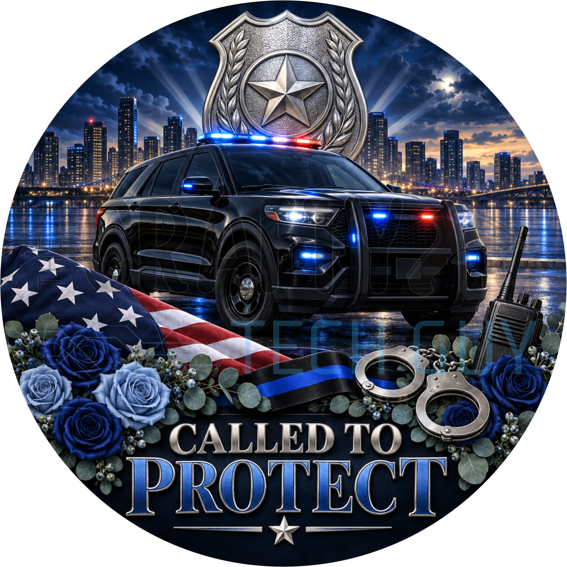 Called To Protect round wreath sign with a police SUV at night, silver star badge, draped flag, blue roses and thin blue line ribbon