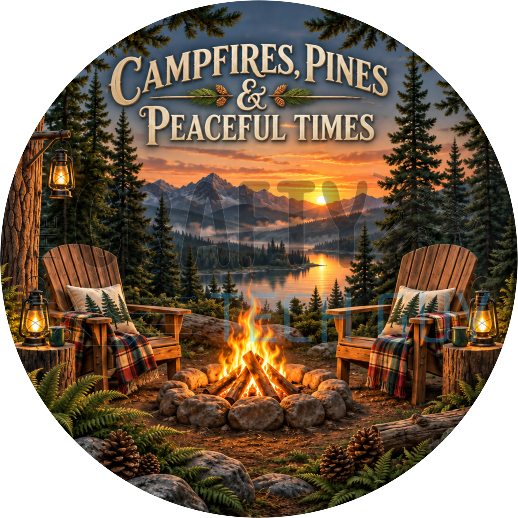Campfires Pines And Peaceful Times round wreath sign with Adirondack chairs at a stone campfire, hanging lanterns and a mountain lake