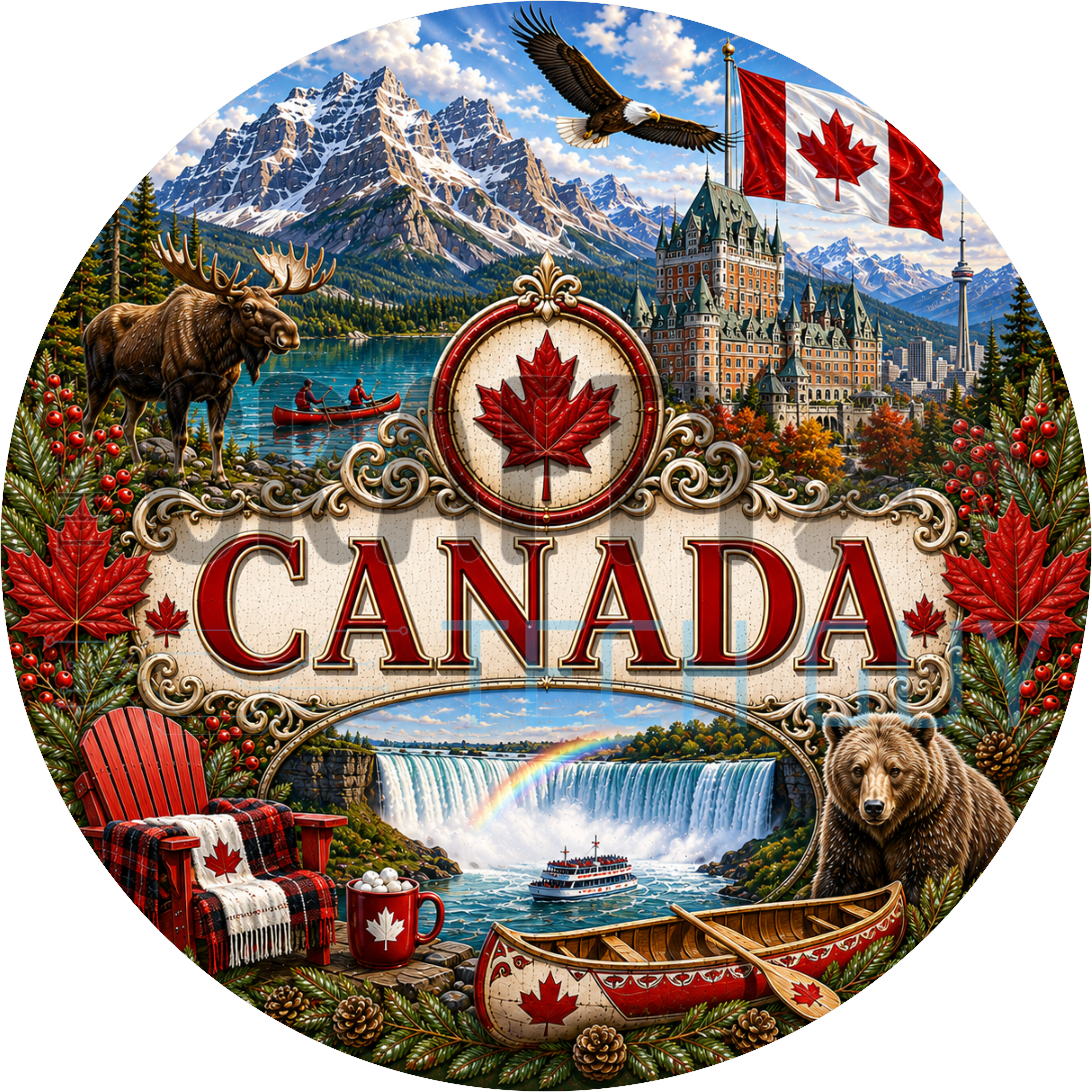 Canada round wreath sign in coated aluminum, showing a red maple leaf, a moose, the Rocky Mountains and Niagara Falls