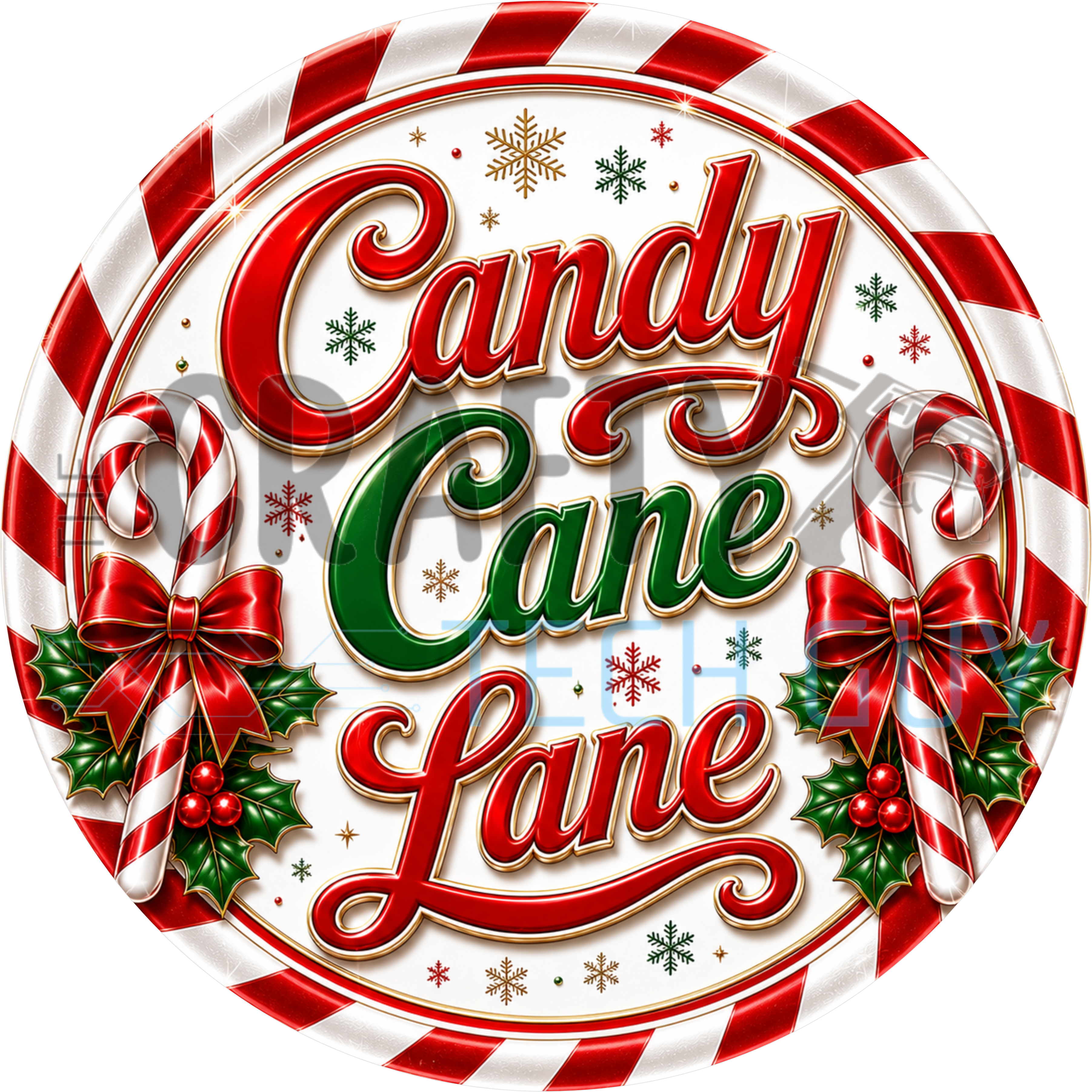 Candy Cane Lane round sign with red and green script, candy canes, red bows and holly on a peppermint stripe border